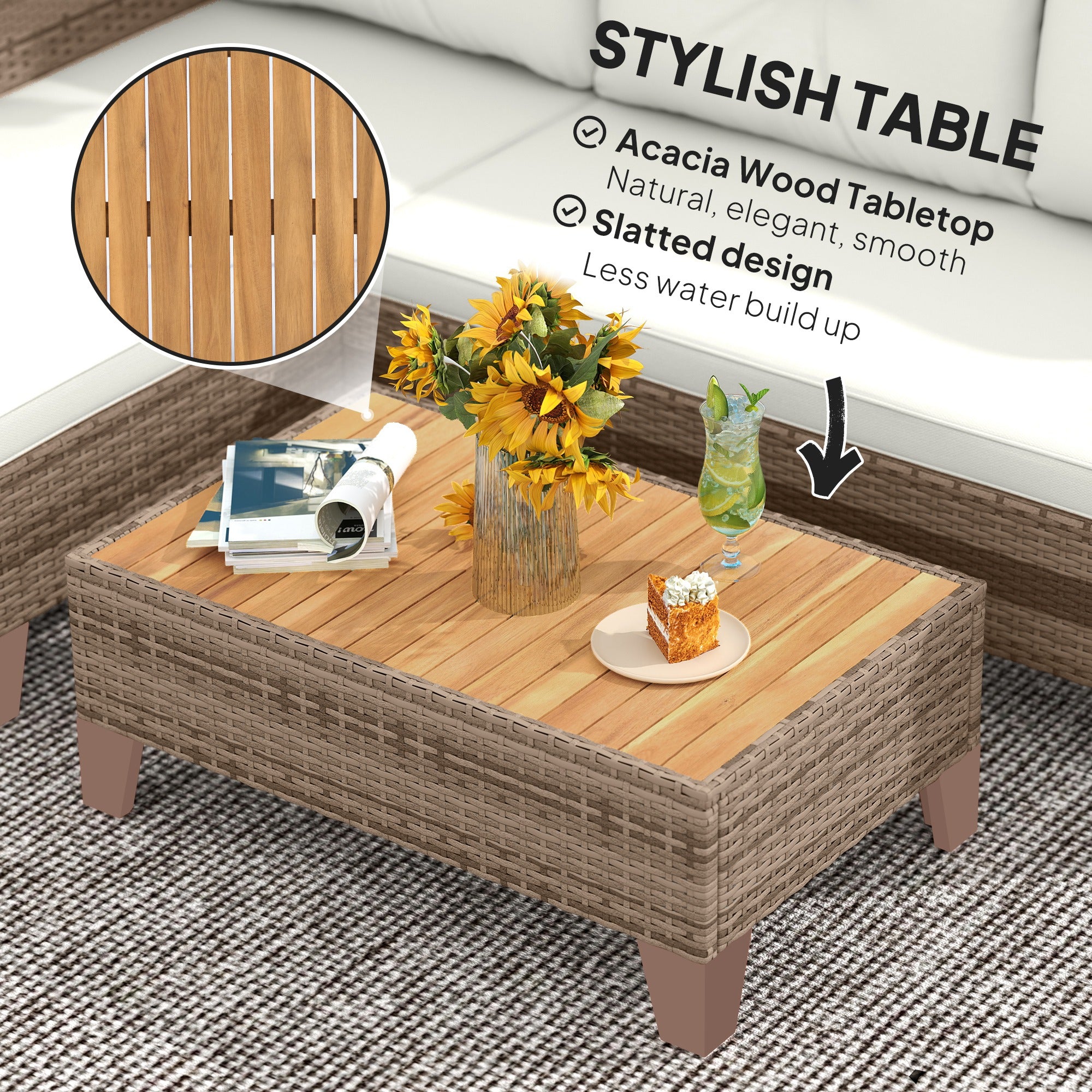 3 Pieces Rattan Garden Furniture Set, L Shaped Garden Conversation Chaise Lounge Furniture with Wood Top Coffee Table and Thick Cushions, Cream