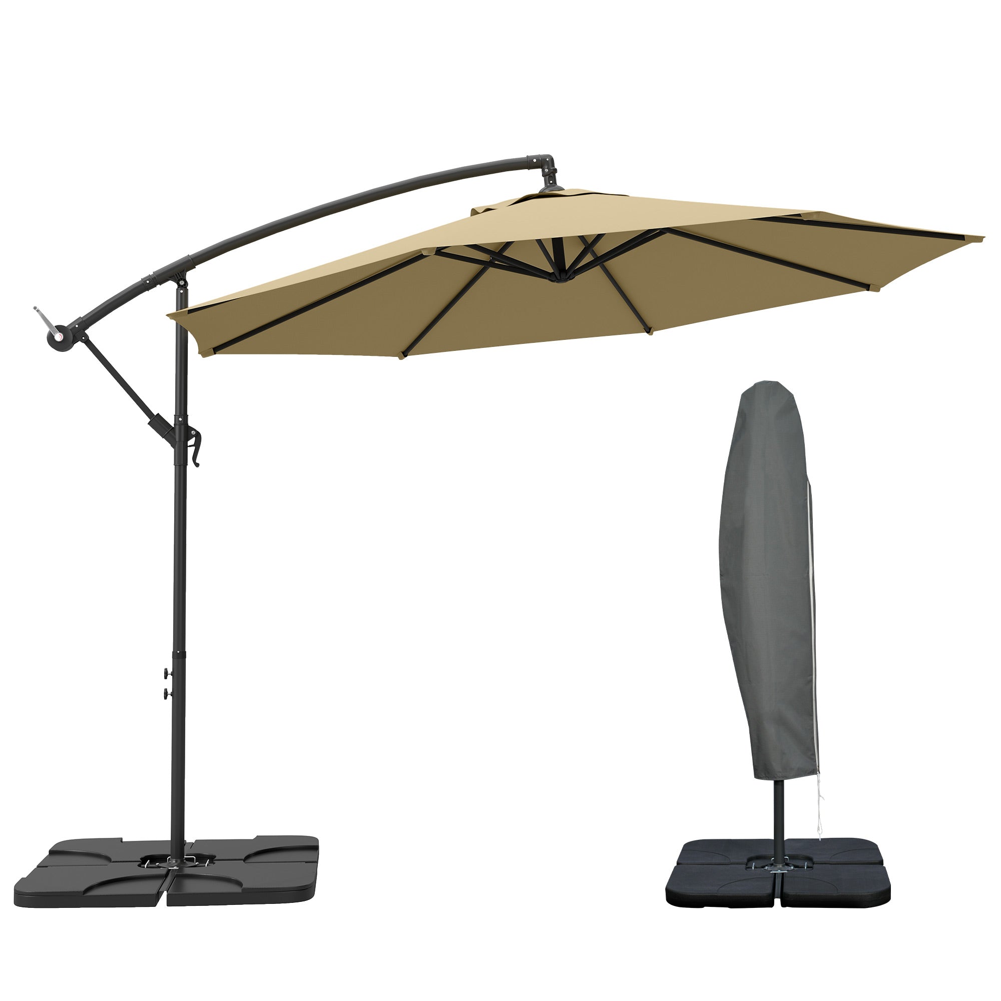 3m Overhanging Parasol, with Base, Weights and Cover - Sand brown