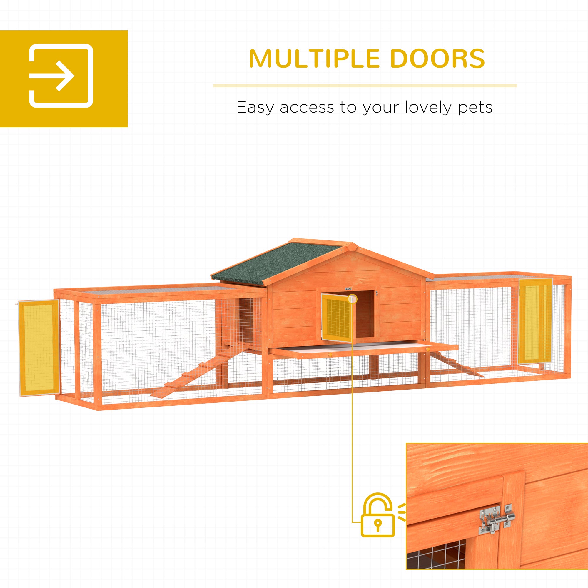 Wooden Rabbit Hutch with Run, Tray, Ramps, Asphalt Roof, 309 x 70 x 87cm, Orange