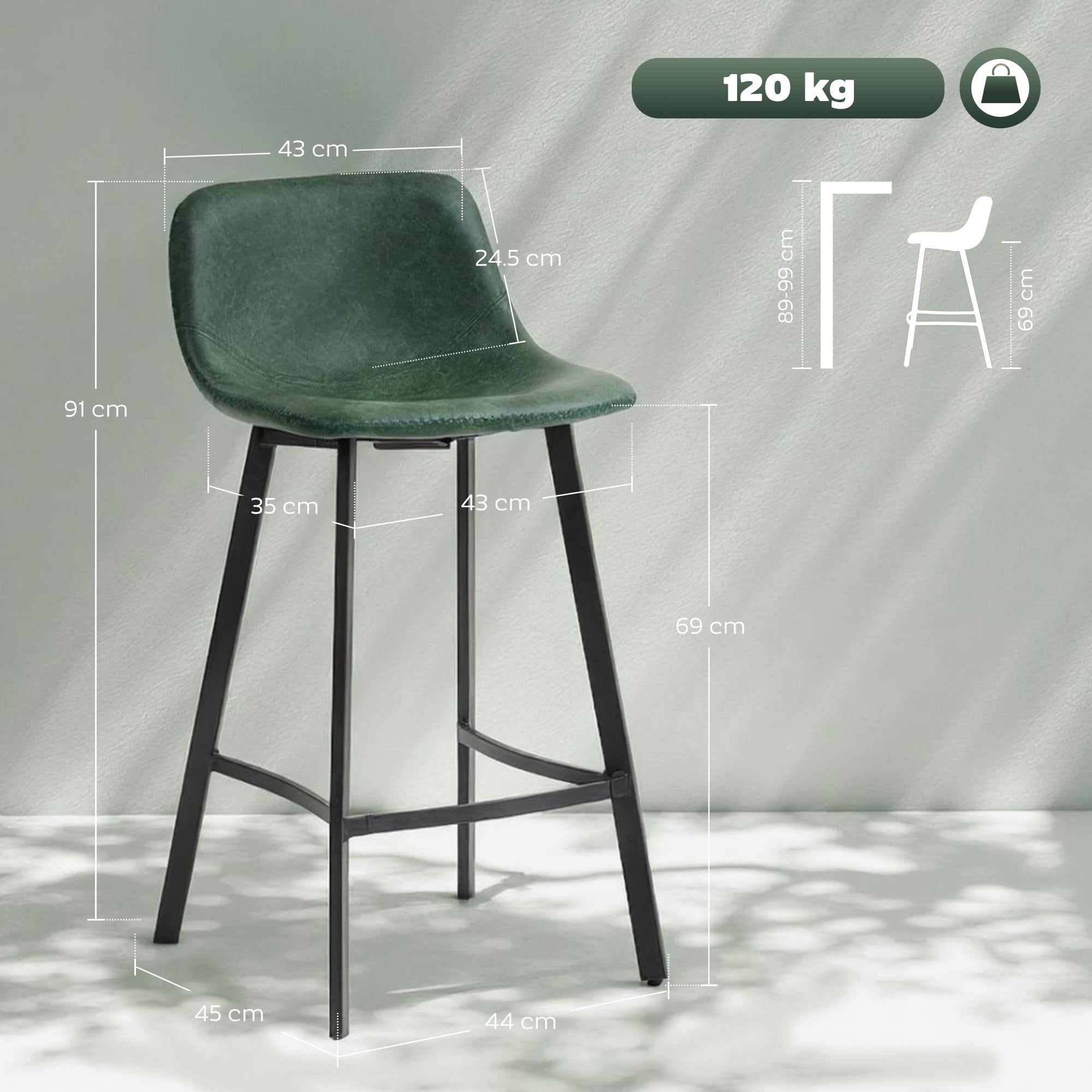 Bar Stools Set of 2, PU Leather Dining Stools with Backrest, Footrest, for Kitchen, Counter, Breakfast Bar, Green