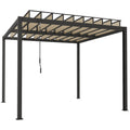 3 x 3 m Louvered Pergola with PC Roof, Aluminium Patio Gazebo Pergola Canopy with Drainage Gutters, Handle, Coffee