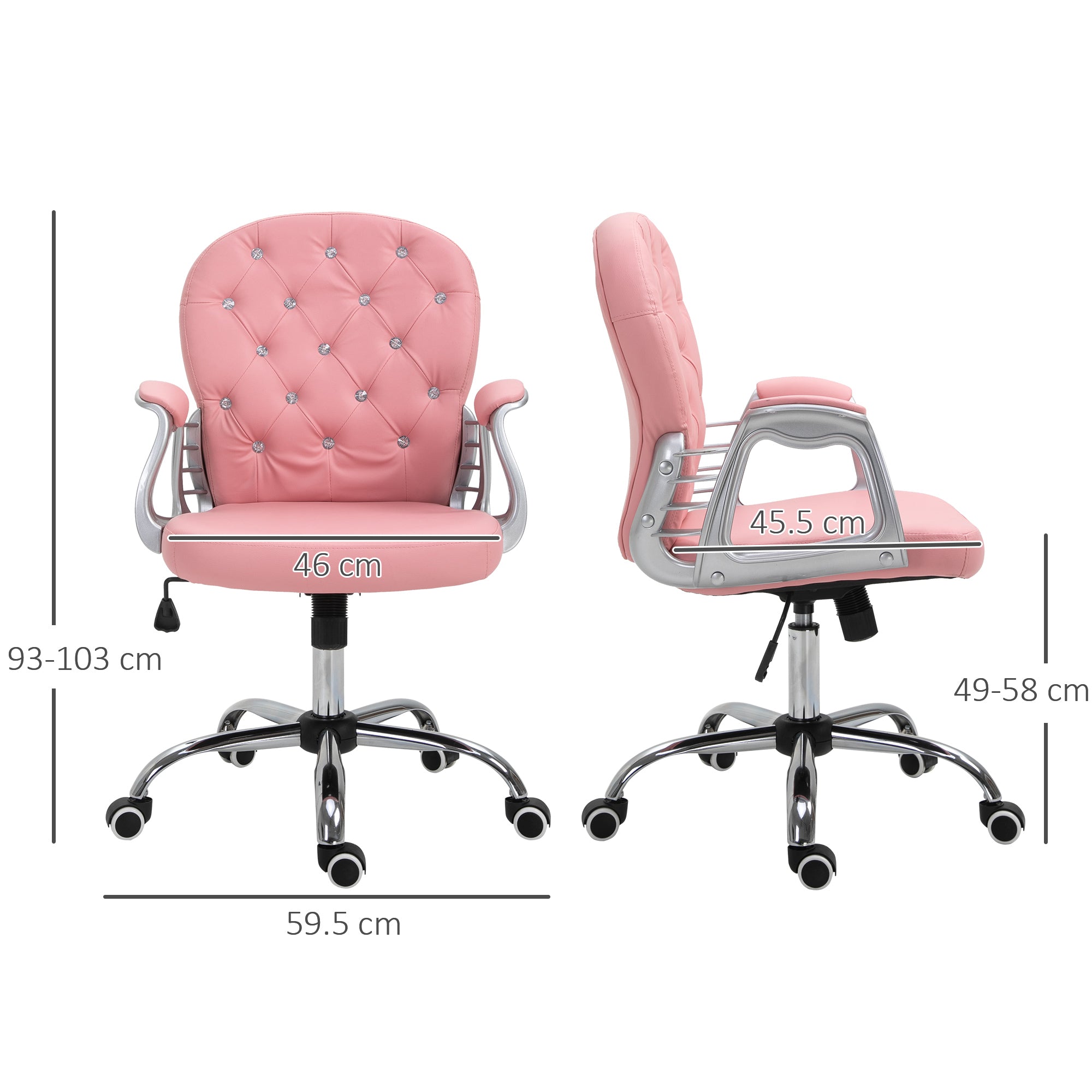 Office Chair Ergonomic 360° Swivel PU Diamante Padded Base 5 Castor Wheels for Home Work Pink