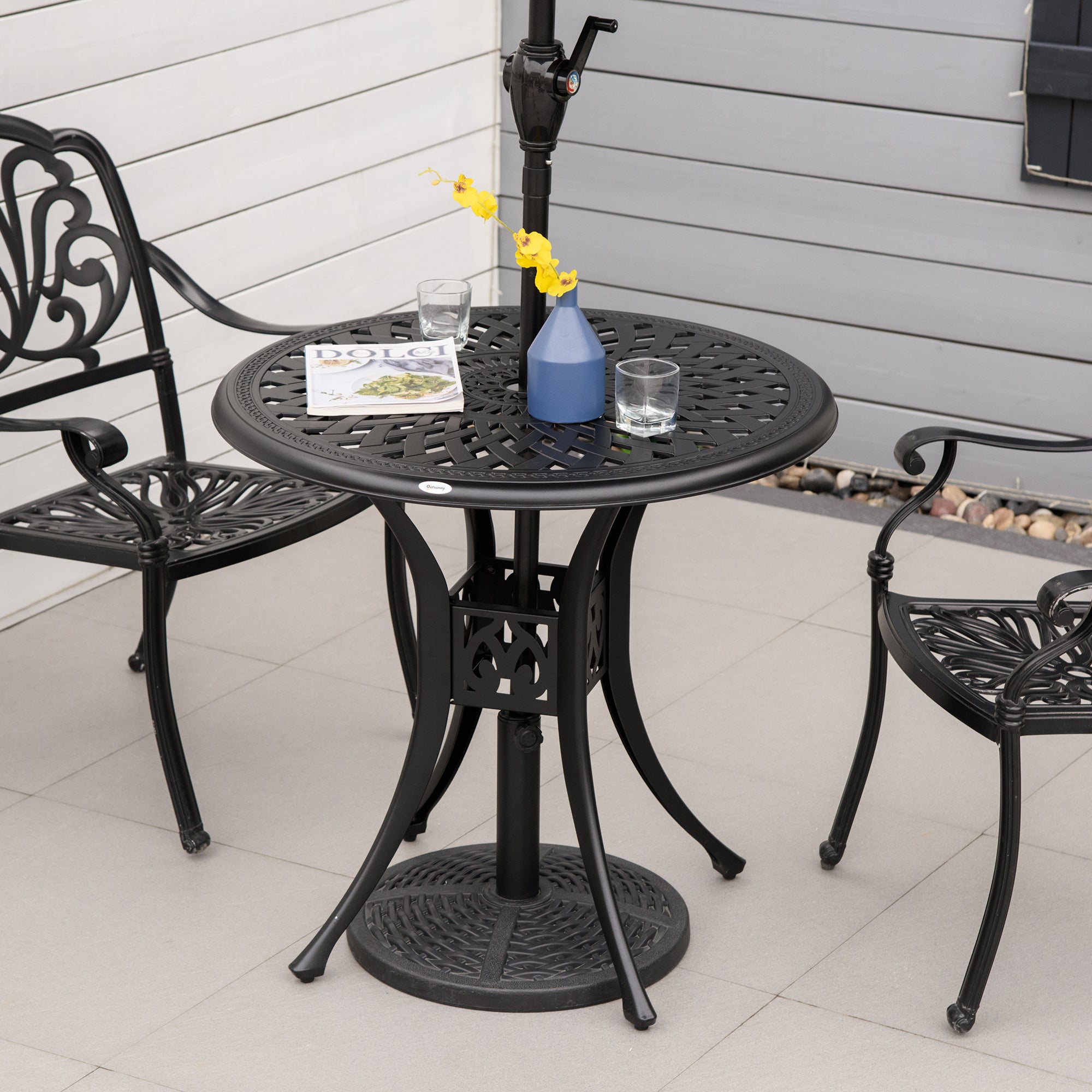 78cm Round Garden Dining Table with Parasol Hole Antique Cast Aluminium Outdoor Table Only, Black