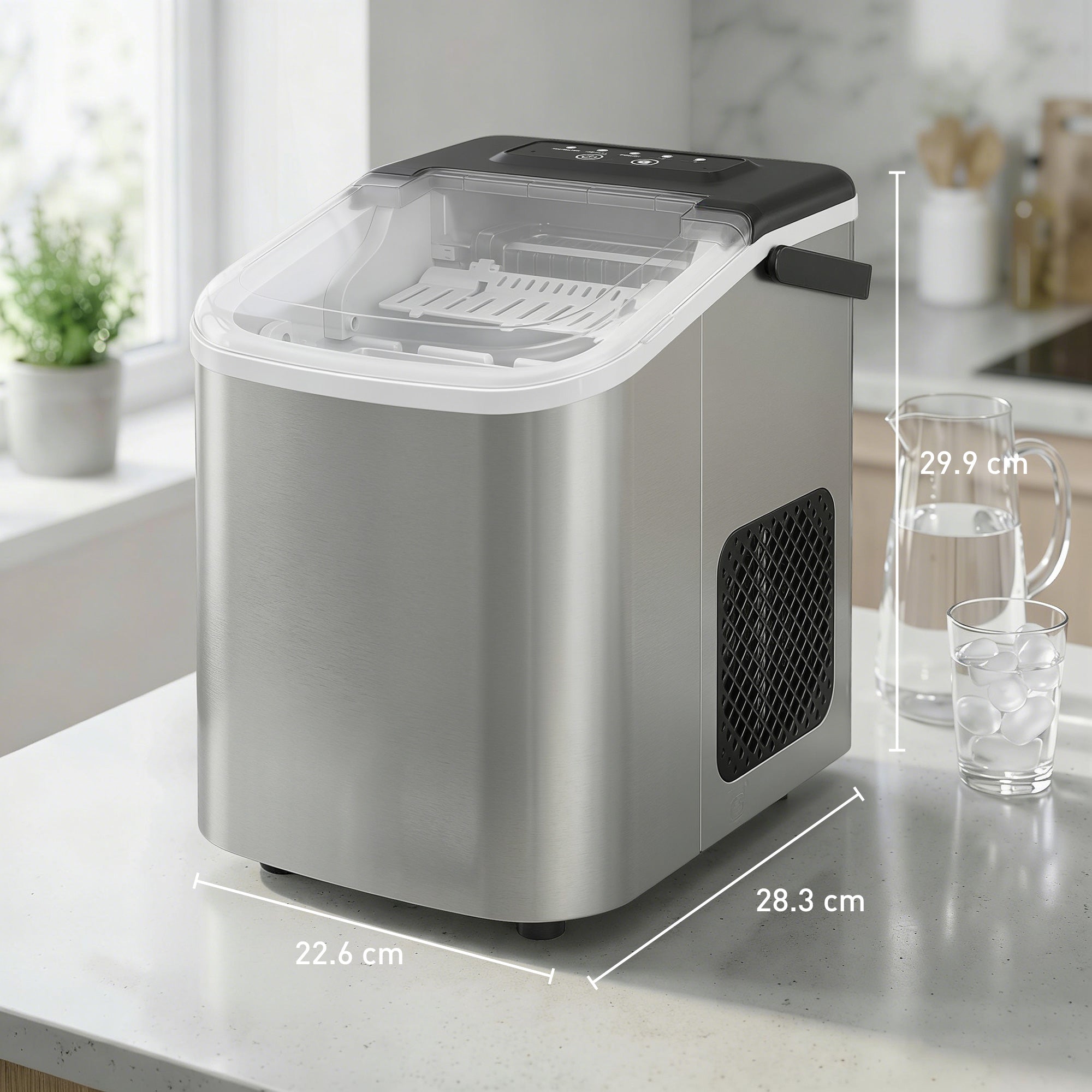 Ice Maker Machine Countertop, 9 Cubes Ready in 7 Mins, 12 KG in 24Hrs, 2 Sizes of Bullet, Self-Cleaning Ice Machine with Portable Handle, Scoop and Basket for Home Kitchen Office RV