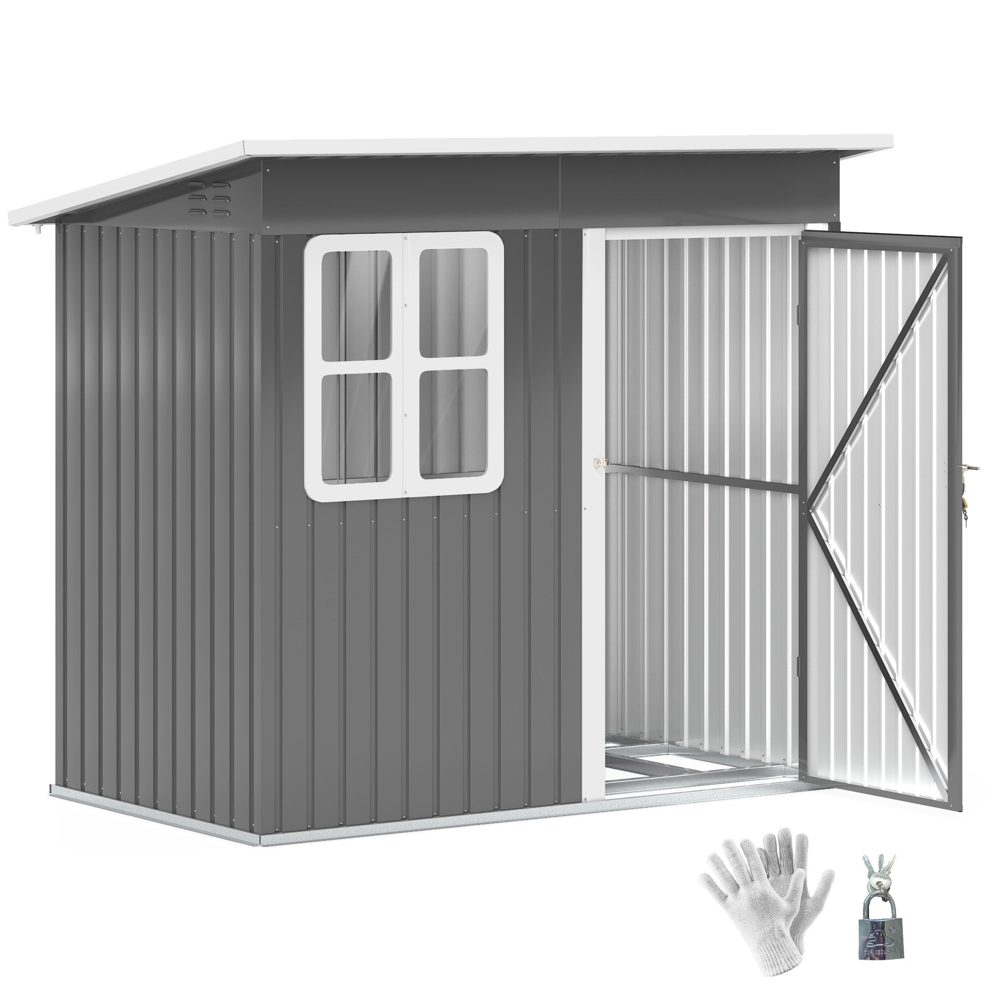7 x 4ft Galvanised Steel Garden Shed with Lock, Gloves & Foundation Kit - Grey