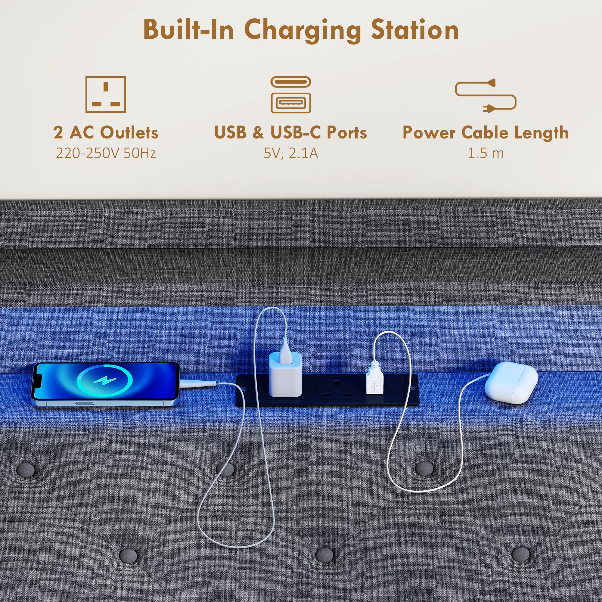 Floating Bed Frame, Upholstered 4ft6 Double Size Bed, Platform Bed with RGB LED Lights and Charging Station, Grey