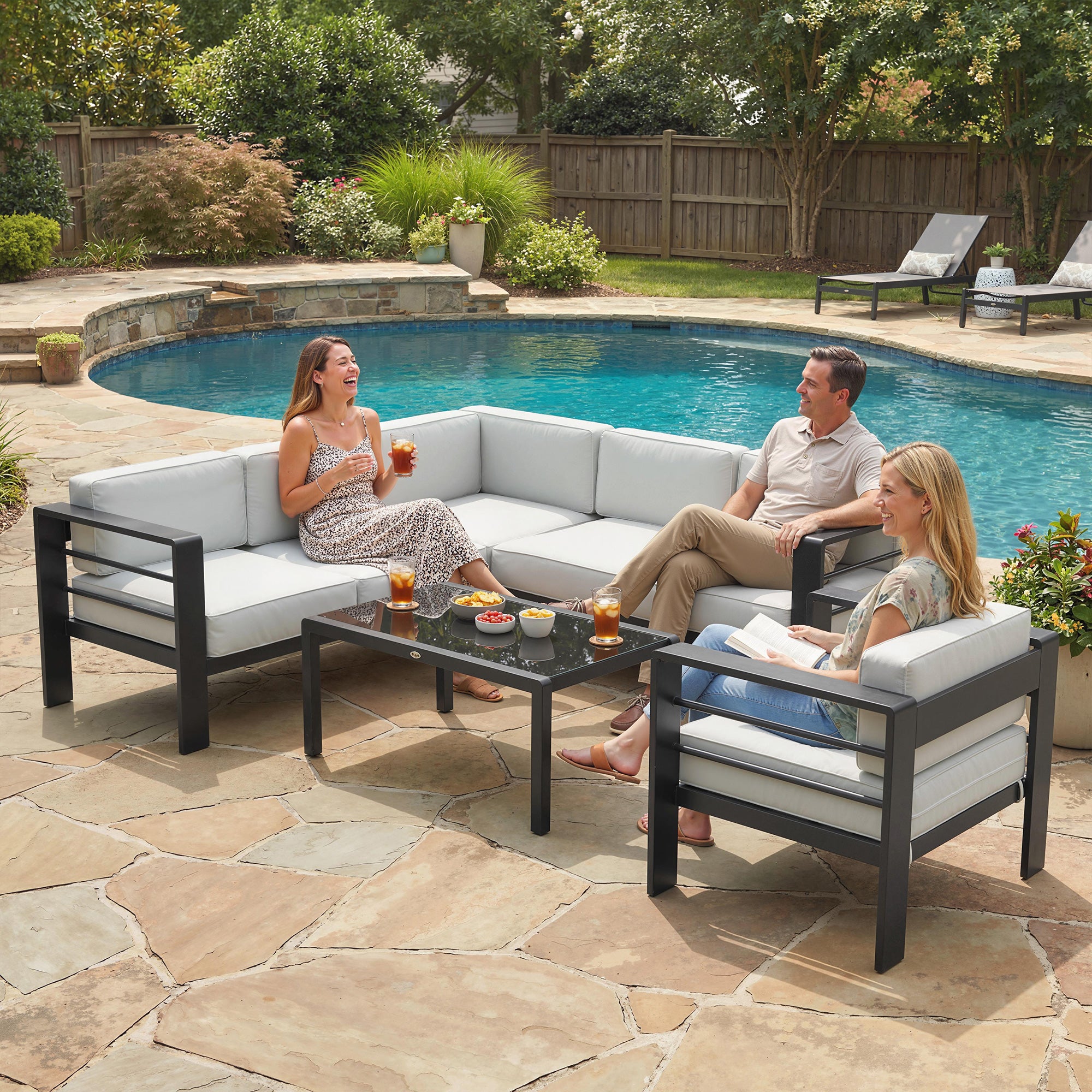 5-Piece Garden Corner Sofa Set with Cushions, 6 Seater Aluminium Garden Furniture Set with Coffee Table, Light Grey
