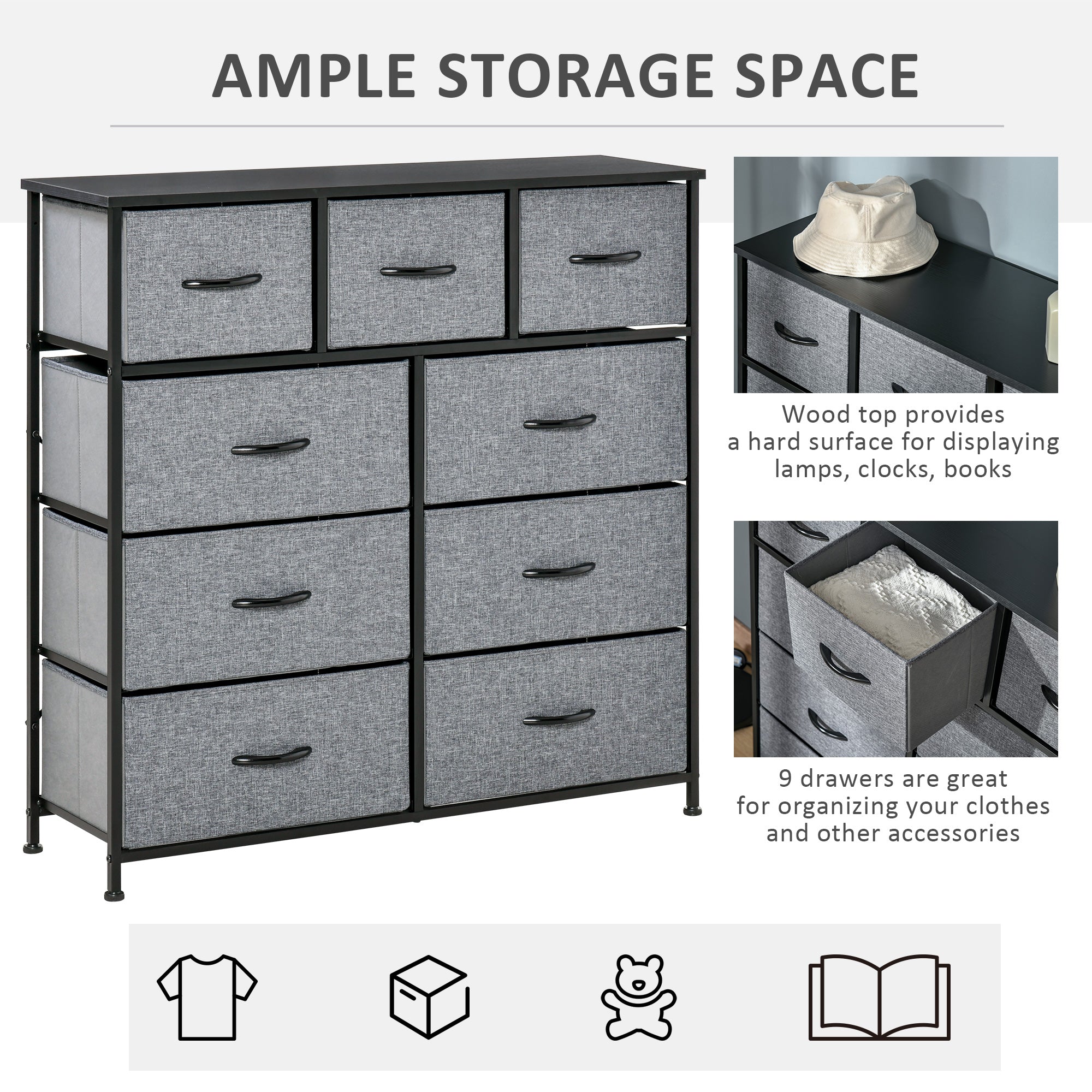 9-Drawer Storage Chest Dresser Organizer with Fabric Bins for Bedroom, Hallway, Entryway - Black & Grey