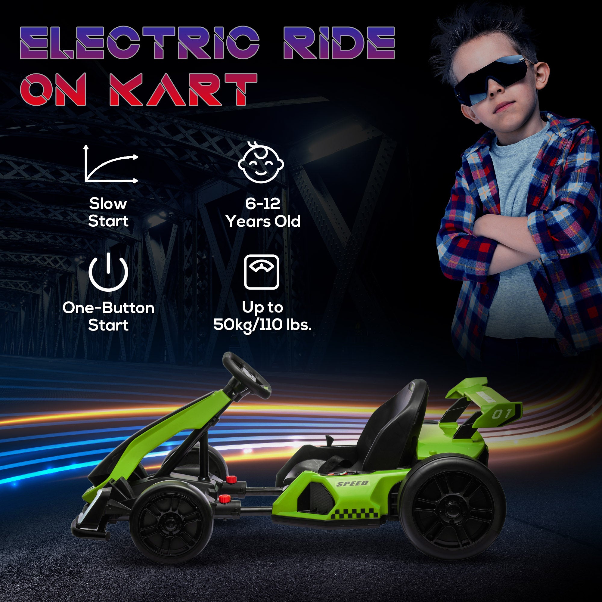 24V Electric Go Kart for Kids with Adjustable Seat for 6-12 Years, Green