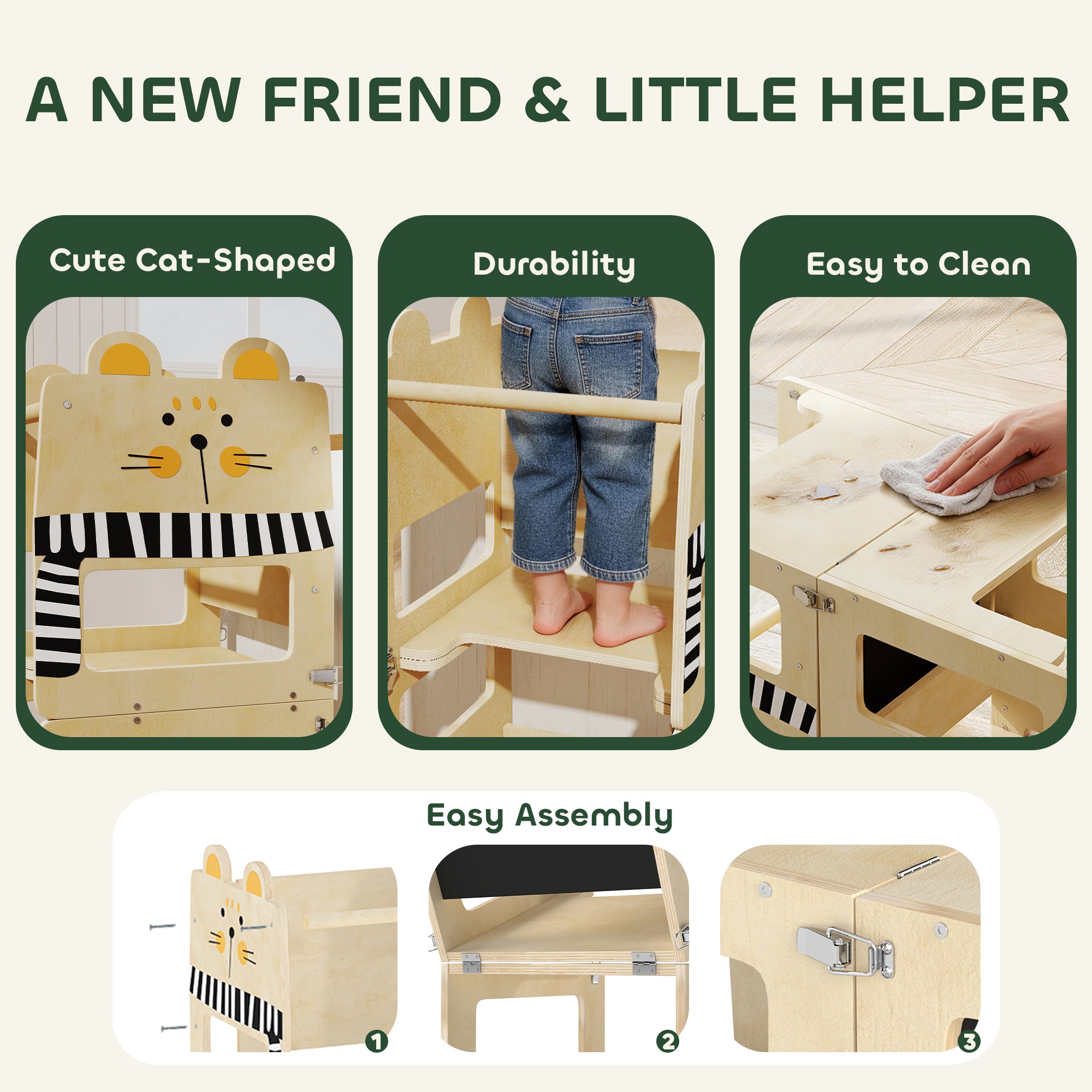 Toddler Step Stool, Standing Tower with Chalkboard, 3-in-1 Cat-Shaped Step Stool for Kitchen Counter, Natural