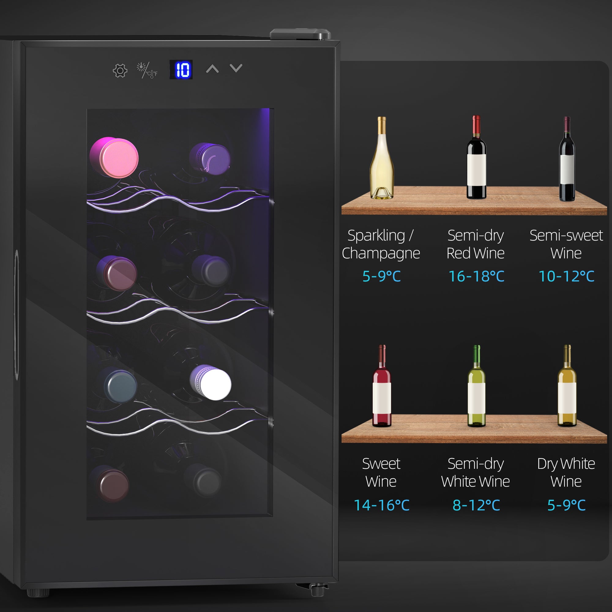 Mini Wine Fridge, 8 Bottle, 21L, 26.5cm, Freestanding and Under Counter, Quiet Wine Cooler Fridge with Glass Door, LED Light, Digital Touch Screen, Temperature Control