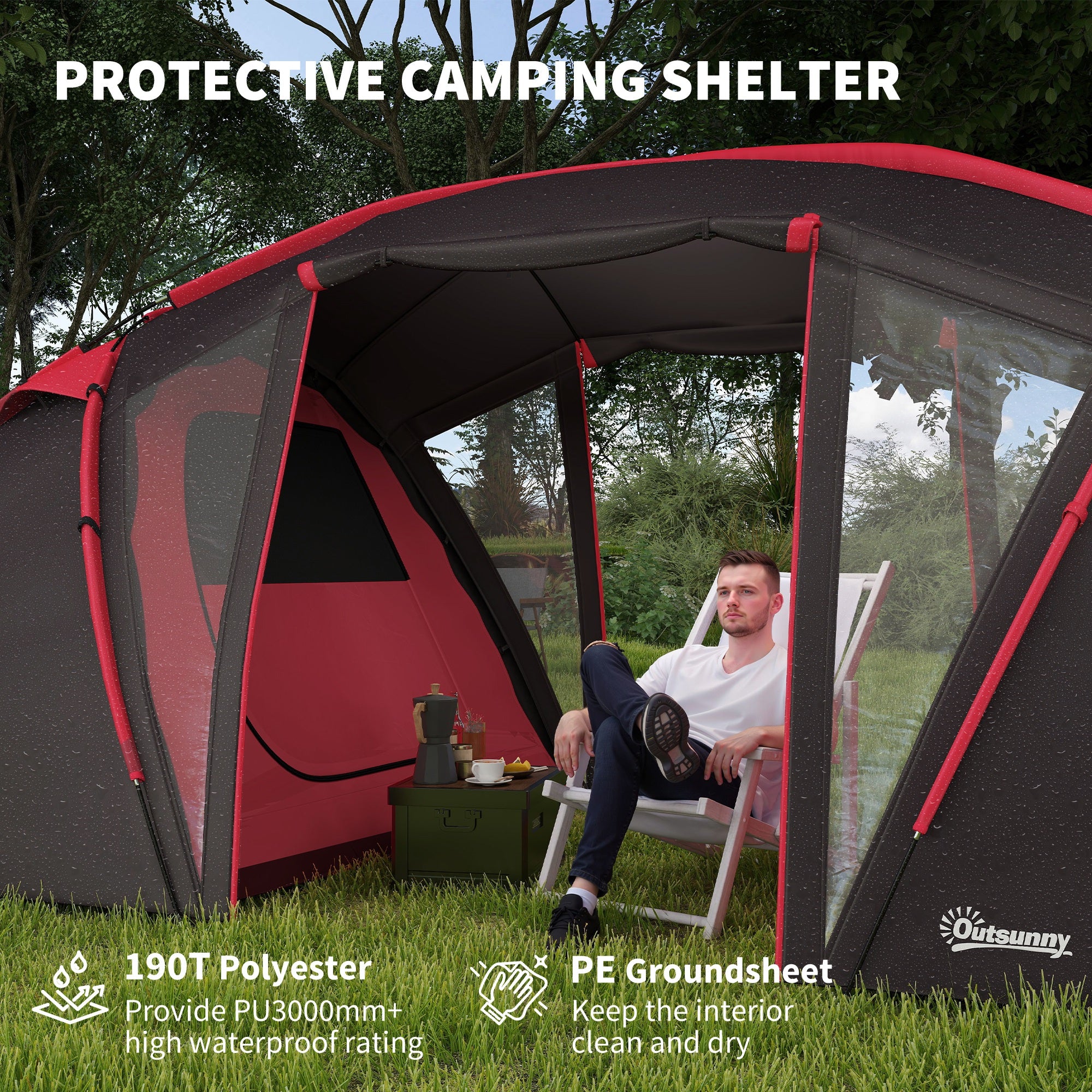 4-6 Man Family Camping Tent w/ 2 Bedrooms and a Living Room, Waterproof Tunnel Tent w/ Sewn In Groundsheet, Doors, Windows, Carry Bag, Grey