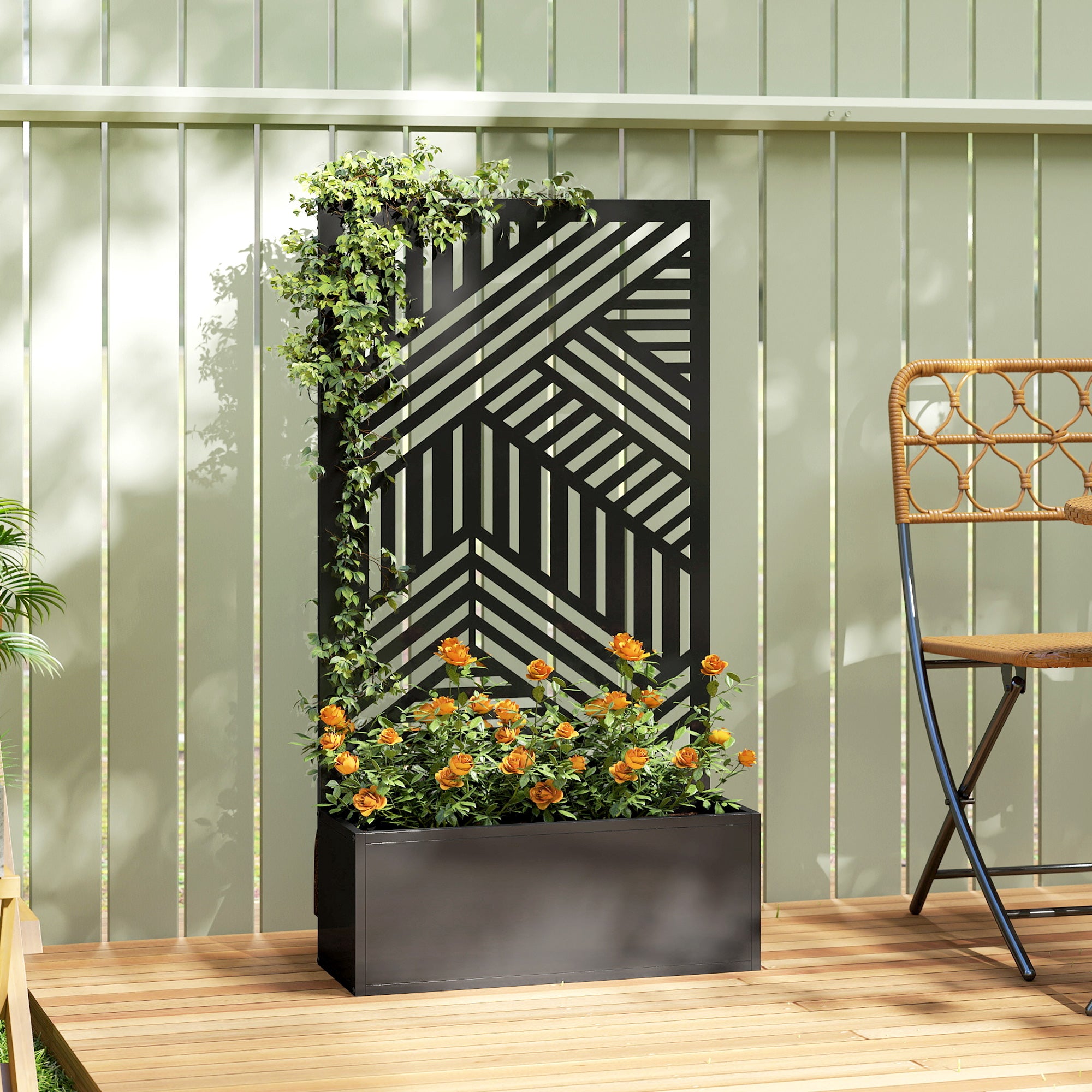 Metal Garden Bed for Garden with Trellis, Raised Garden Bed with Privacy Screen, Geometric Slatted Cut-Out