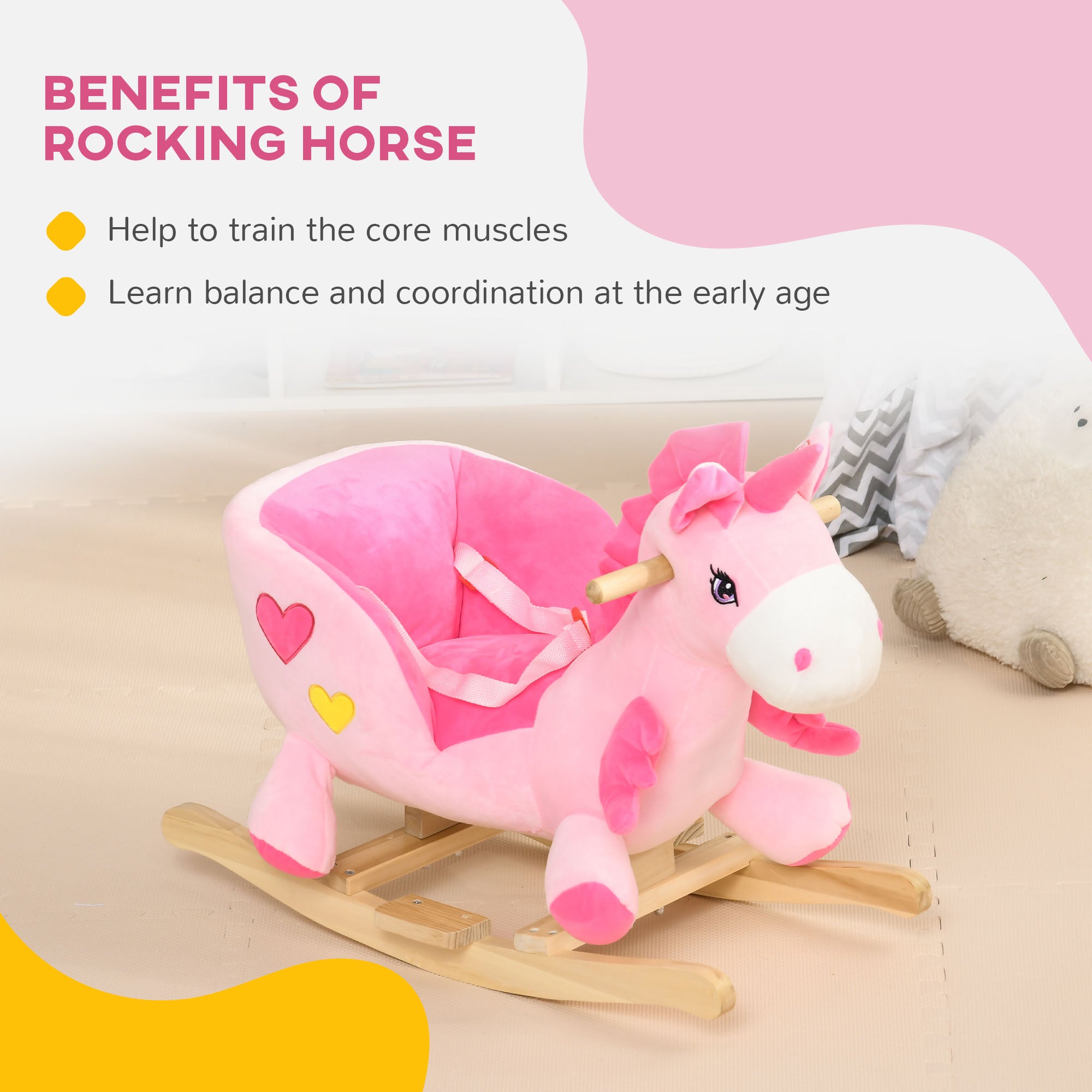 Kids Rocking Horse Ride on Unicorn with Songs, Wooden Base, Seatbelt, for Ages 18-36 Months, Pink