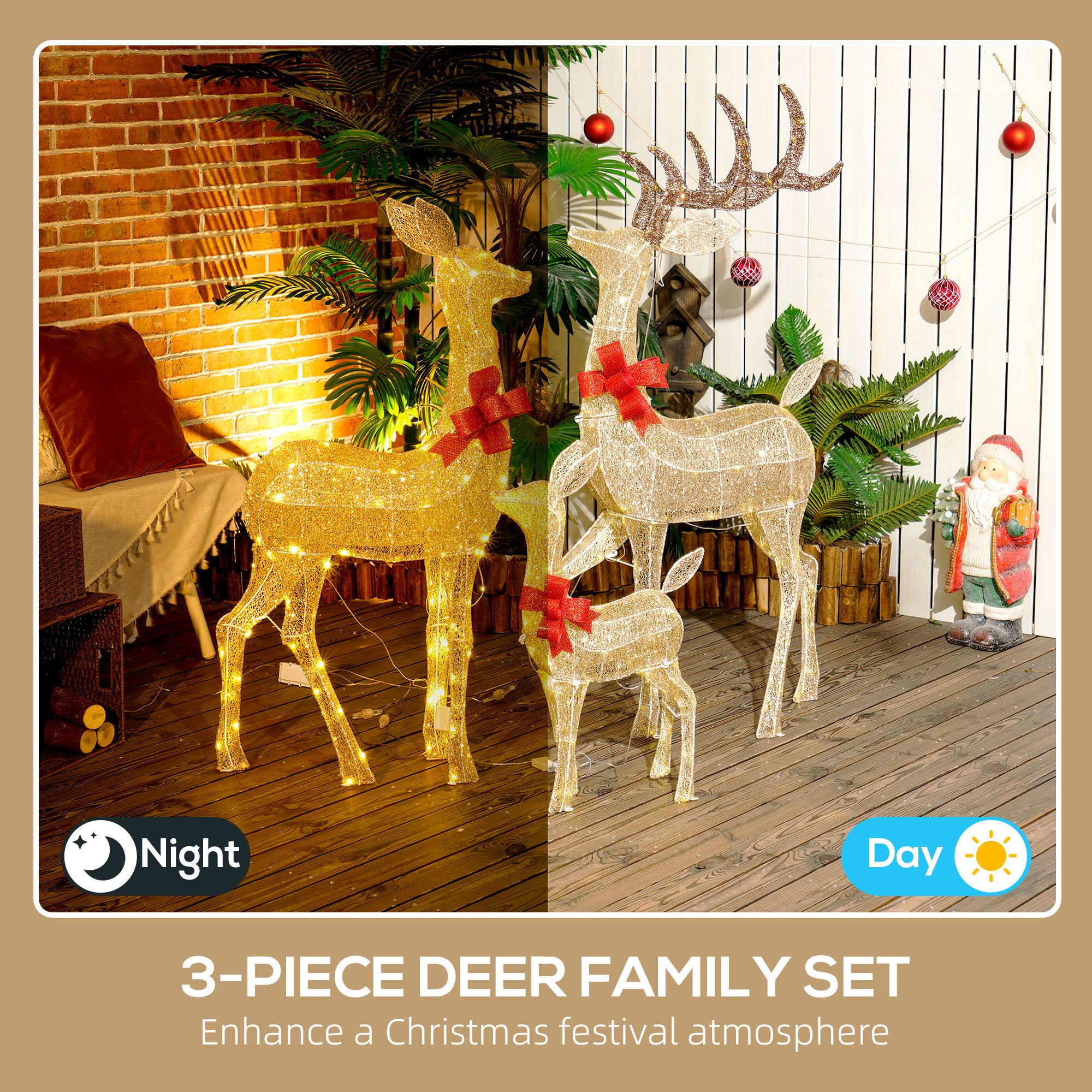 Lighted Reindeer Christmas Decorations Outdoor, 3-Piece Light Up Deer Family Set of 3 with 283 LED Lights for Indoor, Lawn, Garden, Gold Tone