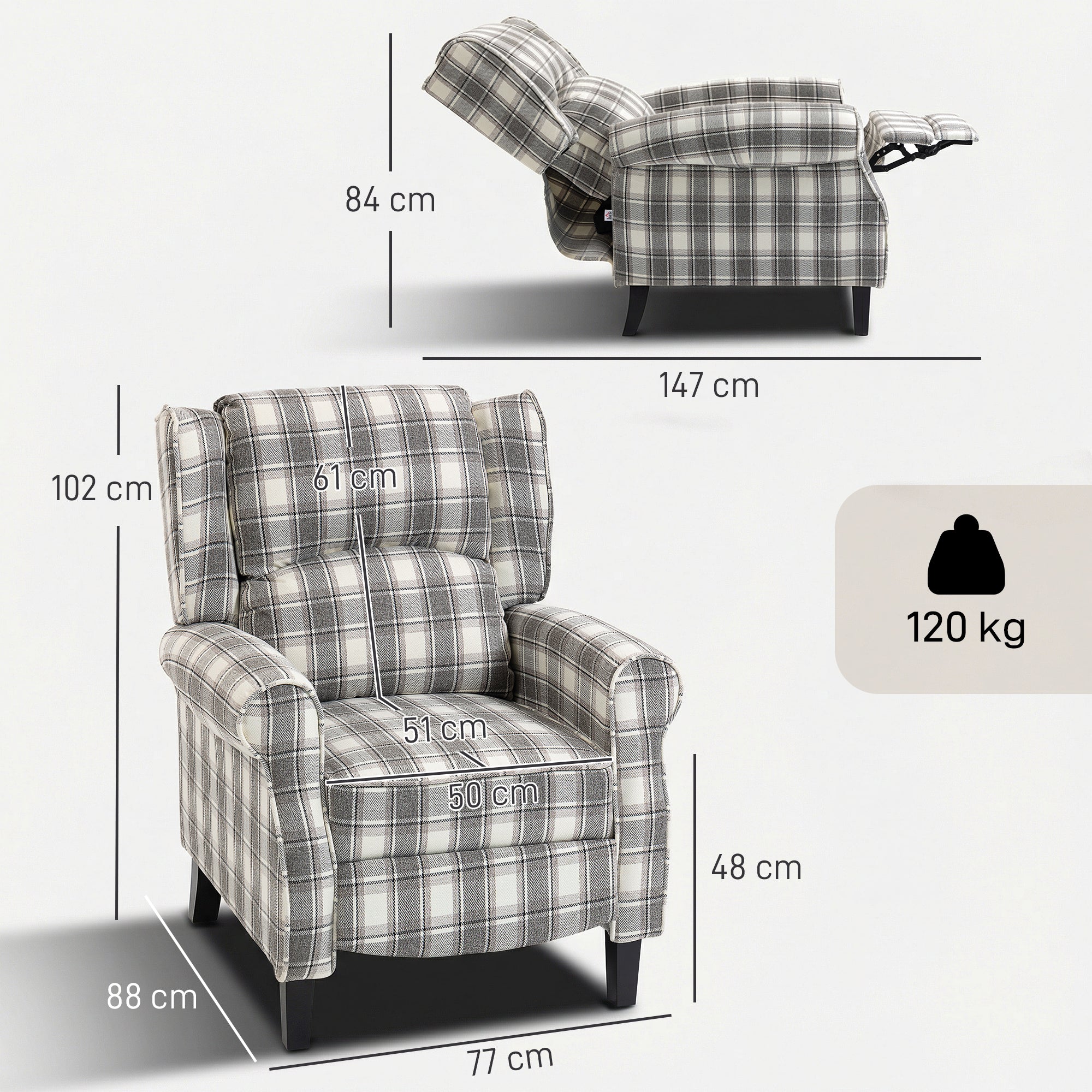 160° Reclining Armchair, with Footrest - Grey and White