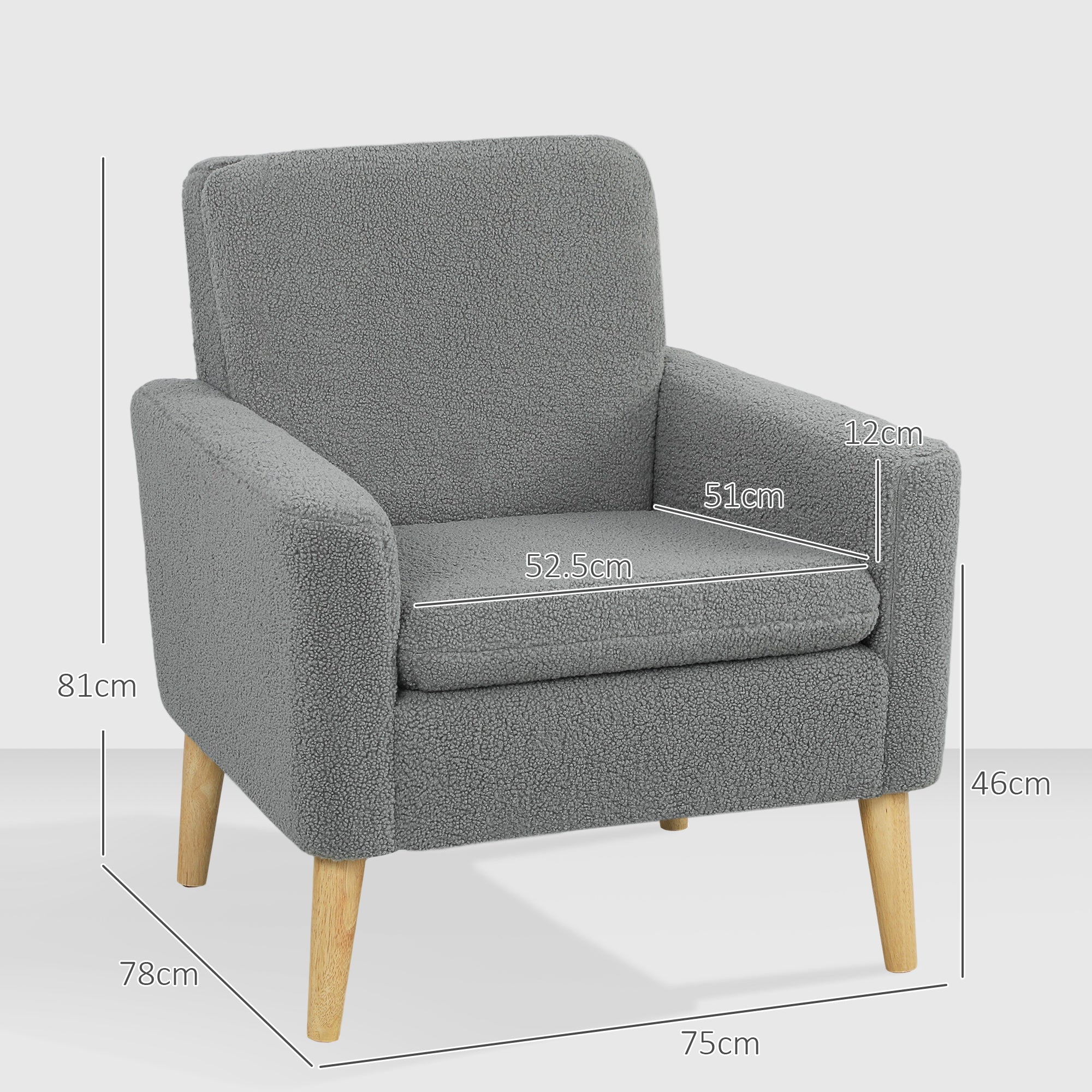 Armchair, Upholstered Accent Chair with Wood Legs and Wide Padded Seat, Teddy Occasional Chair, Grey