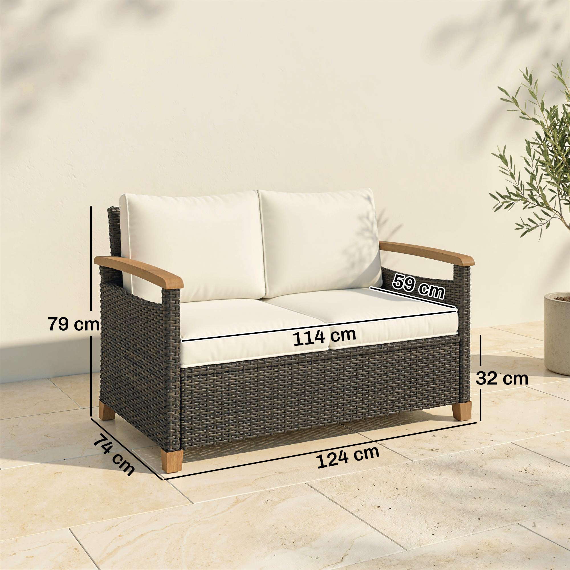 2 Seater Rattan Garden Sofa, Outdoor Sofa with Thickened Cushions and Acacia Wood Armrests, Brown