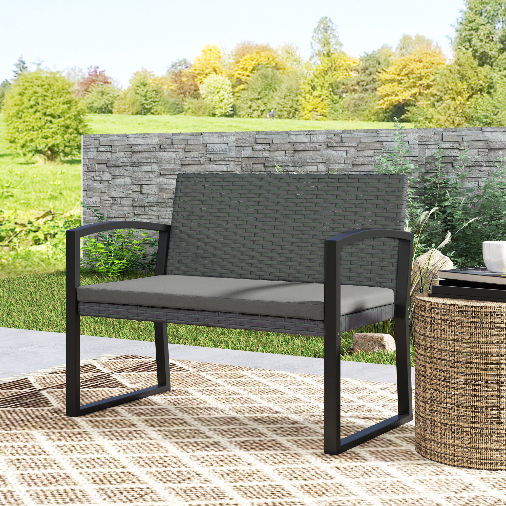 Two-Seater Rattan Garden Bench - Grey/Black