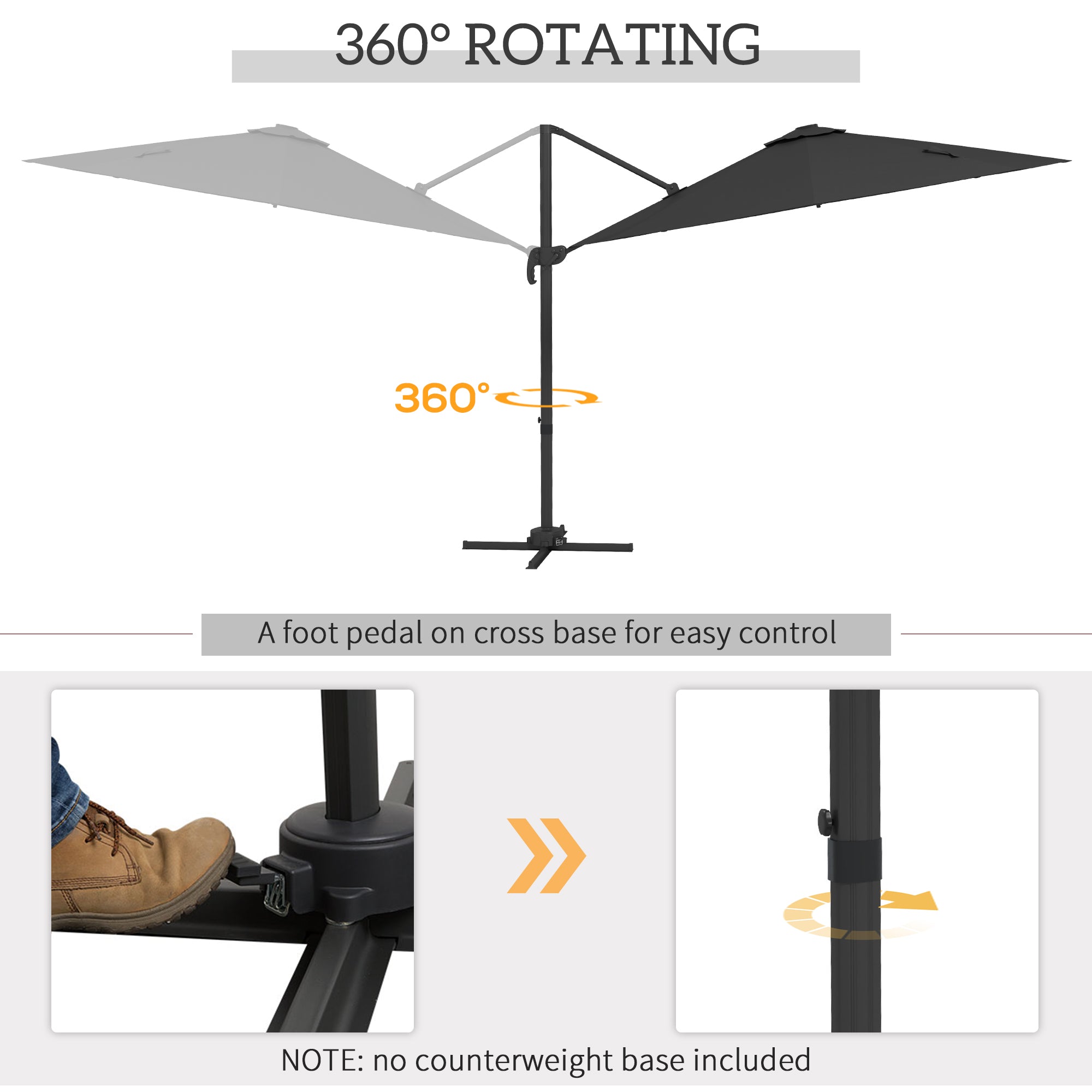 3(m) Adjustable Cantilever Parasol with Base, Solar LED Lights, Dark Grey