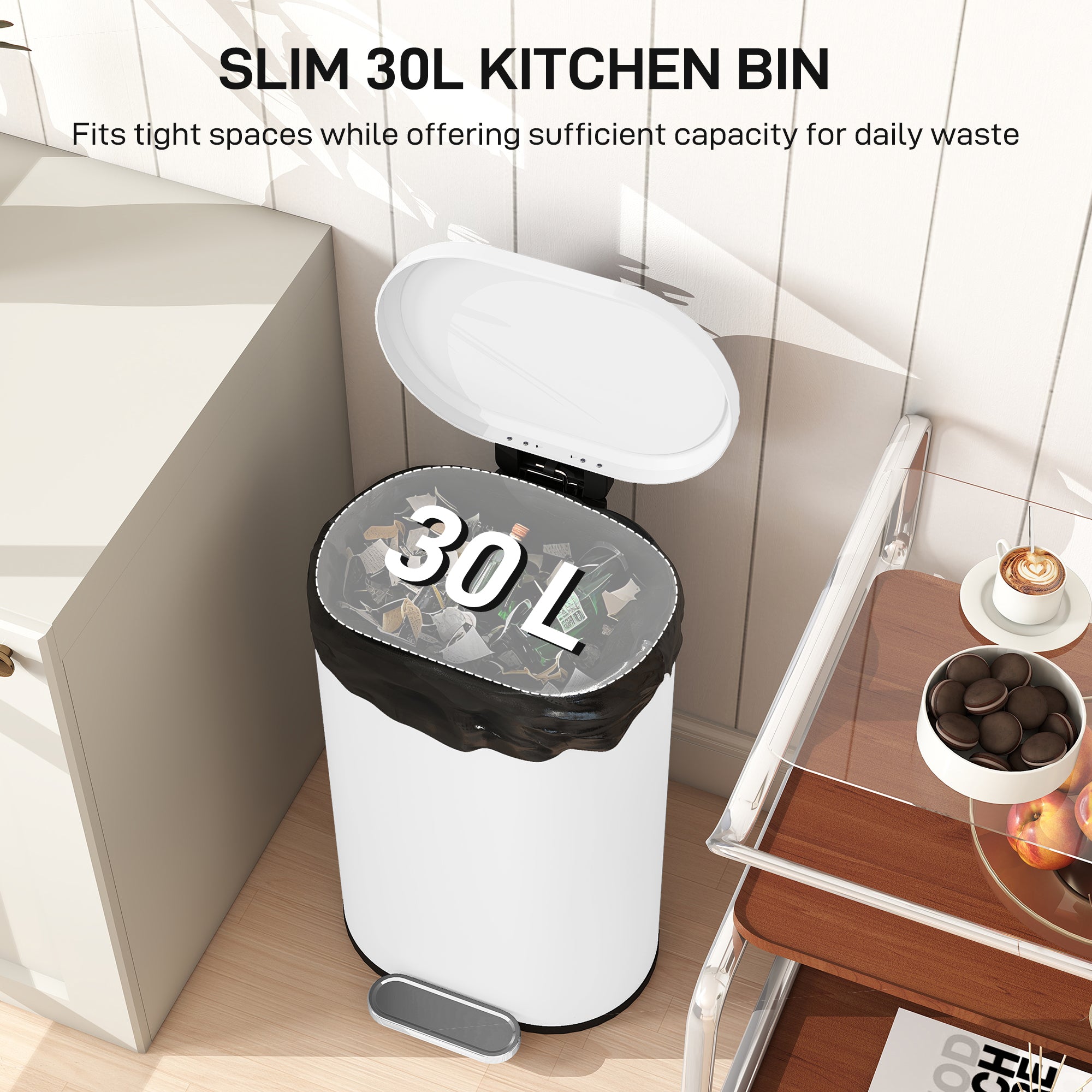 30 L Modern Curved Kitchen Bin - White