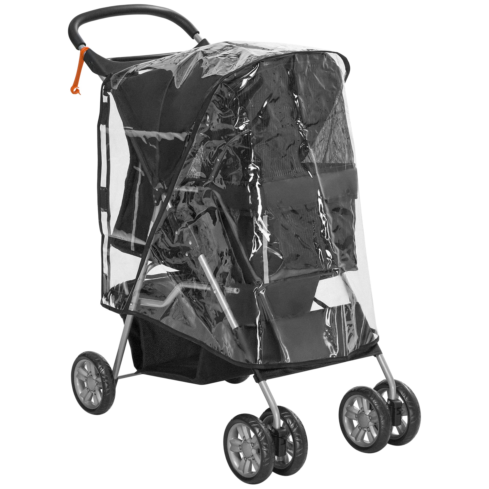 Pet Travel Stroller with Rain Cover, 4 Wheels Foldable Travel Carriage with Wheels Zipper Entry Cup Holder Storage Basket Black