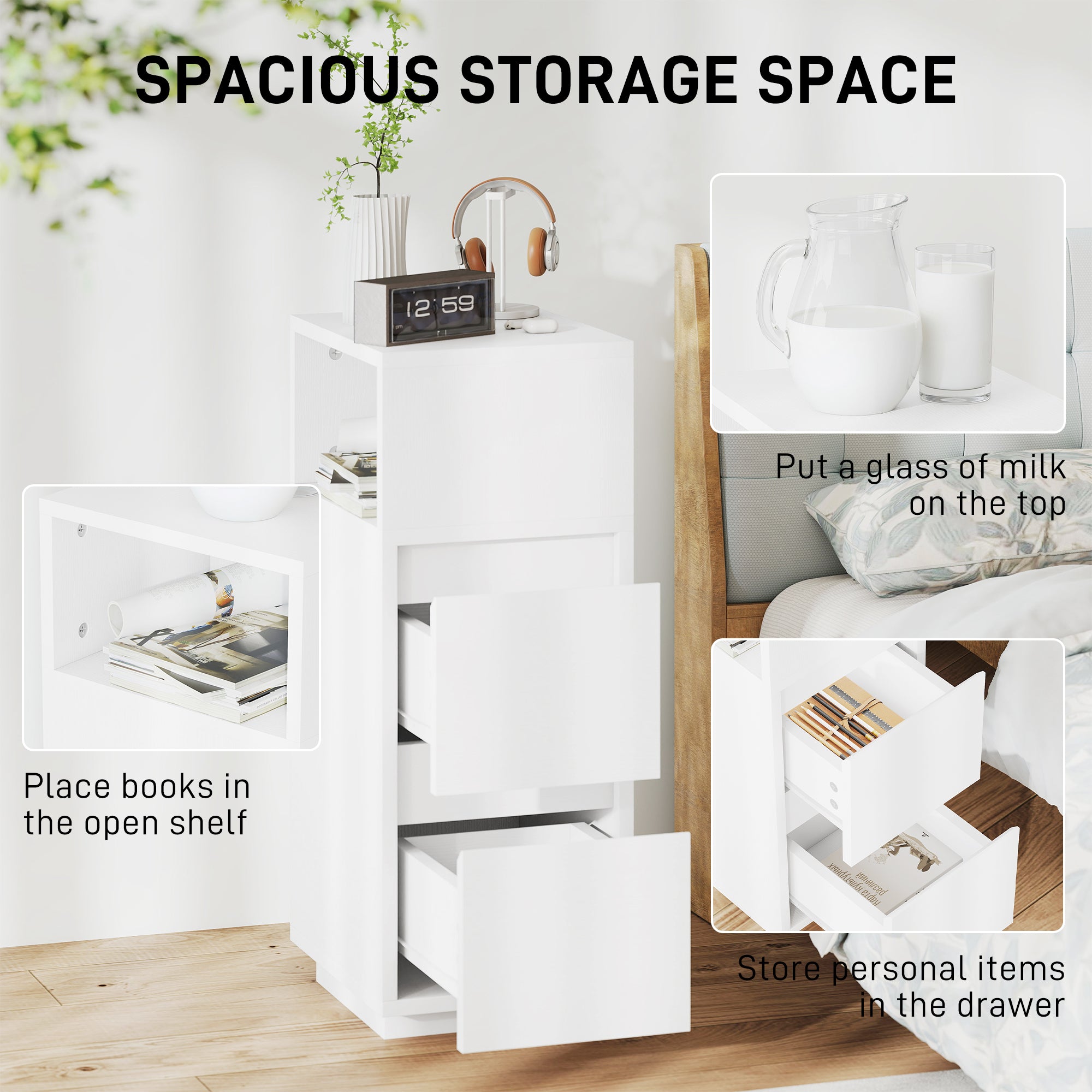 Slim Bedside Table, Narrow Bedside Cabinet with Open Shelf and 2 Drawers for Bedroom, Living Room, White