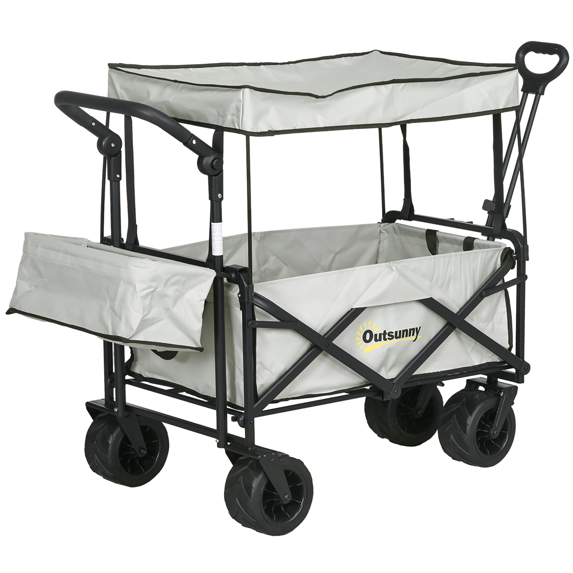 Folding Trolley Cart Storage Wagon Beach Trailer 4 Wheels with Handle Overhead Canopy Cart Push Pull for Camping, Grey