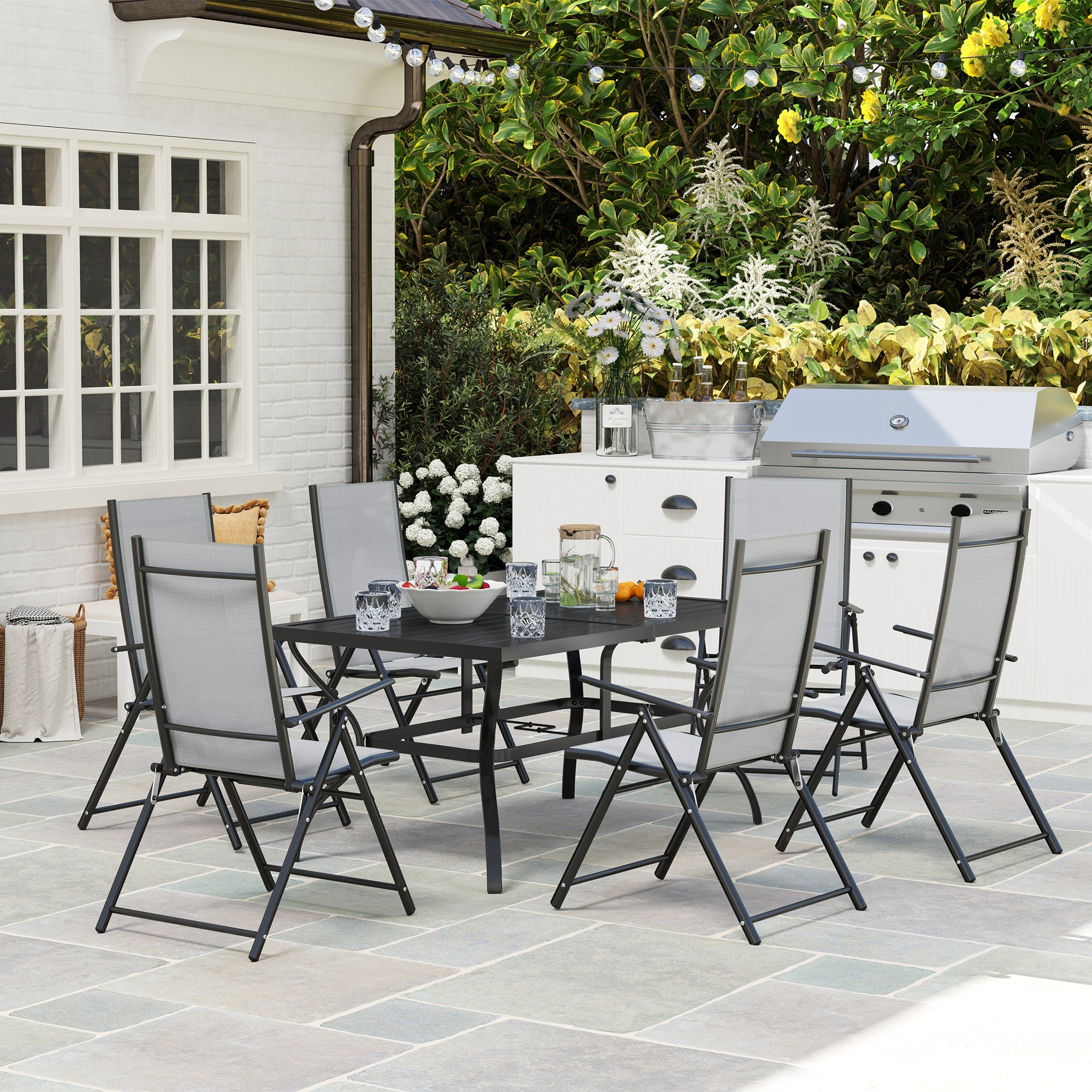 7 Piece Steel Outdoor Dining Set with Parasol Hole - Grey