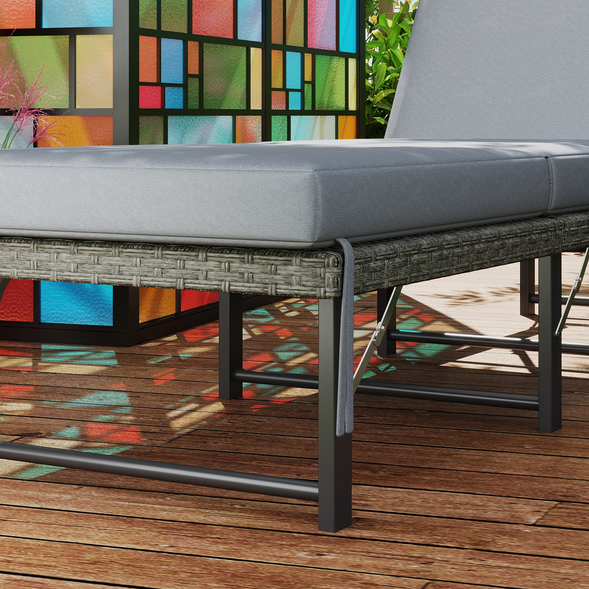 Single Folding Rattan Sun Lounger, with Cushion - Grey