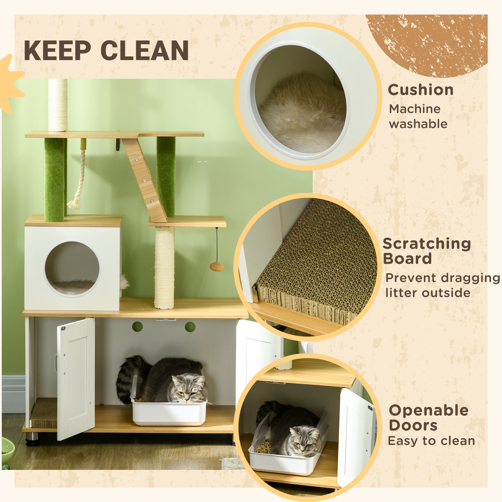 2-in-1 Hidden Cat Litter Box, Green Leaf Cat Tree, with House, Ladder, Scratching Posts, Platforms, Indoors -Oak