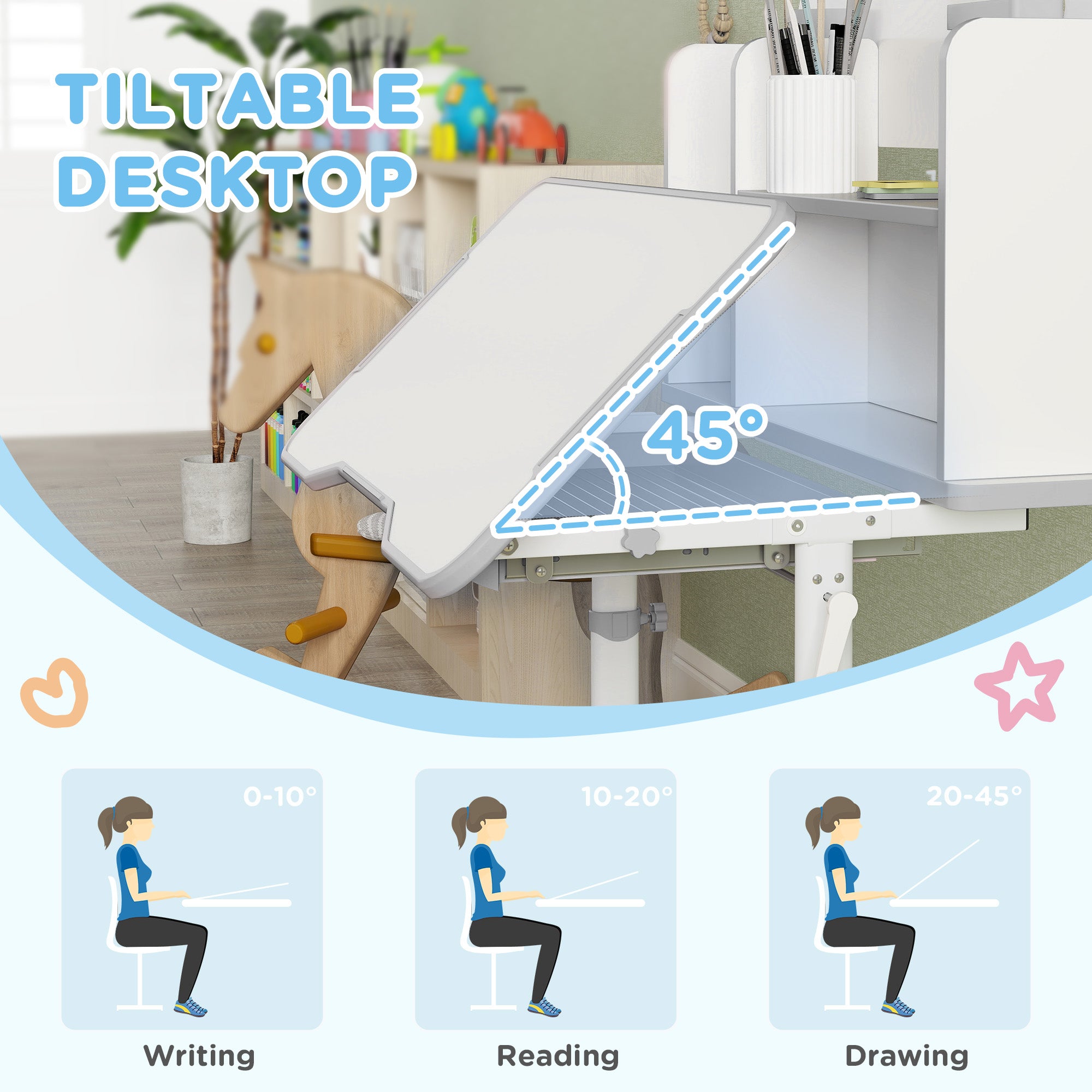 Height Adjustable Kids Desk and Chair Set, Children School Study Desk with Tiltable Desktop, Reading Rack, Grey