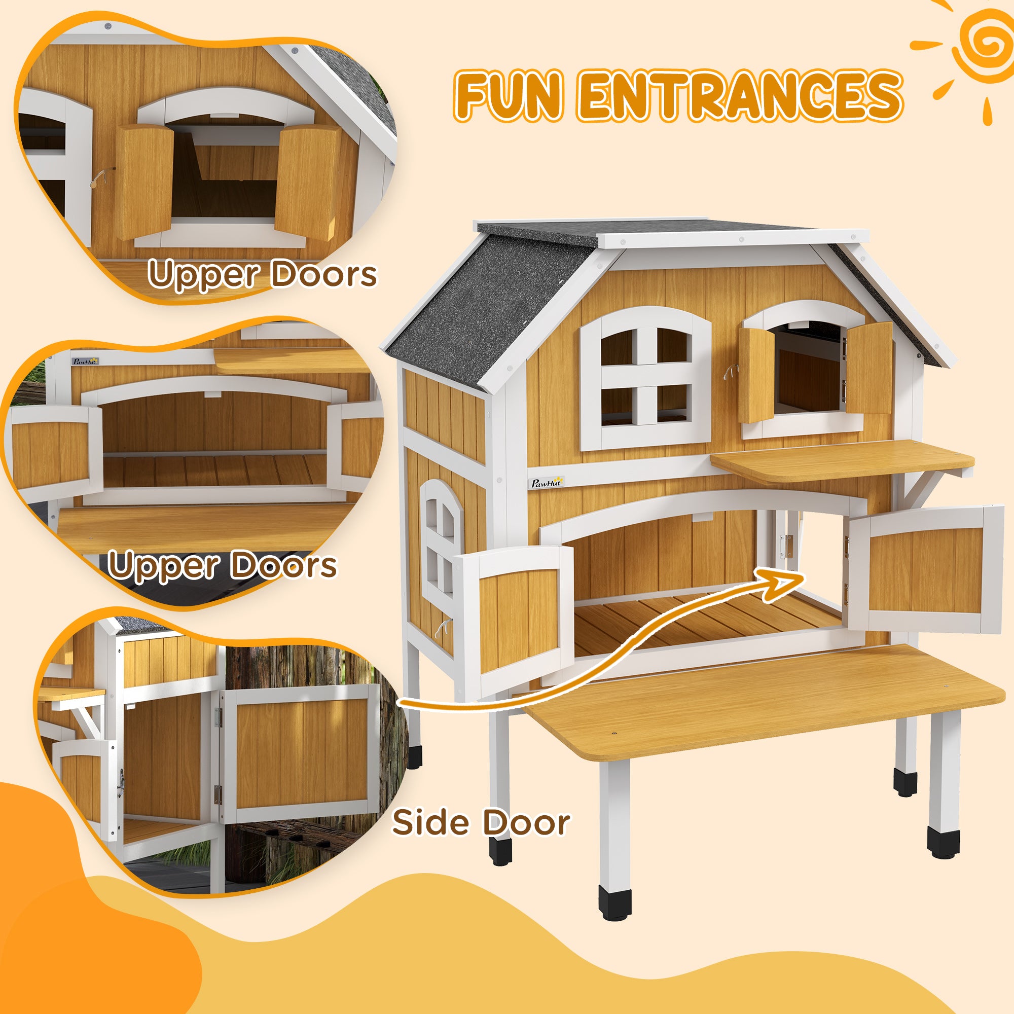 Outdoor Cat Shelter 2 Tiers Wooden Feral Cat House with Openable Asphalt Roof, Escape Doors, Terrace, for 1-2 Cats