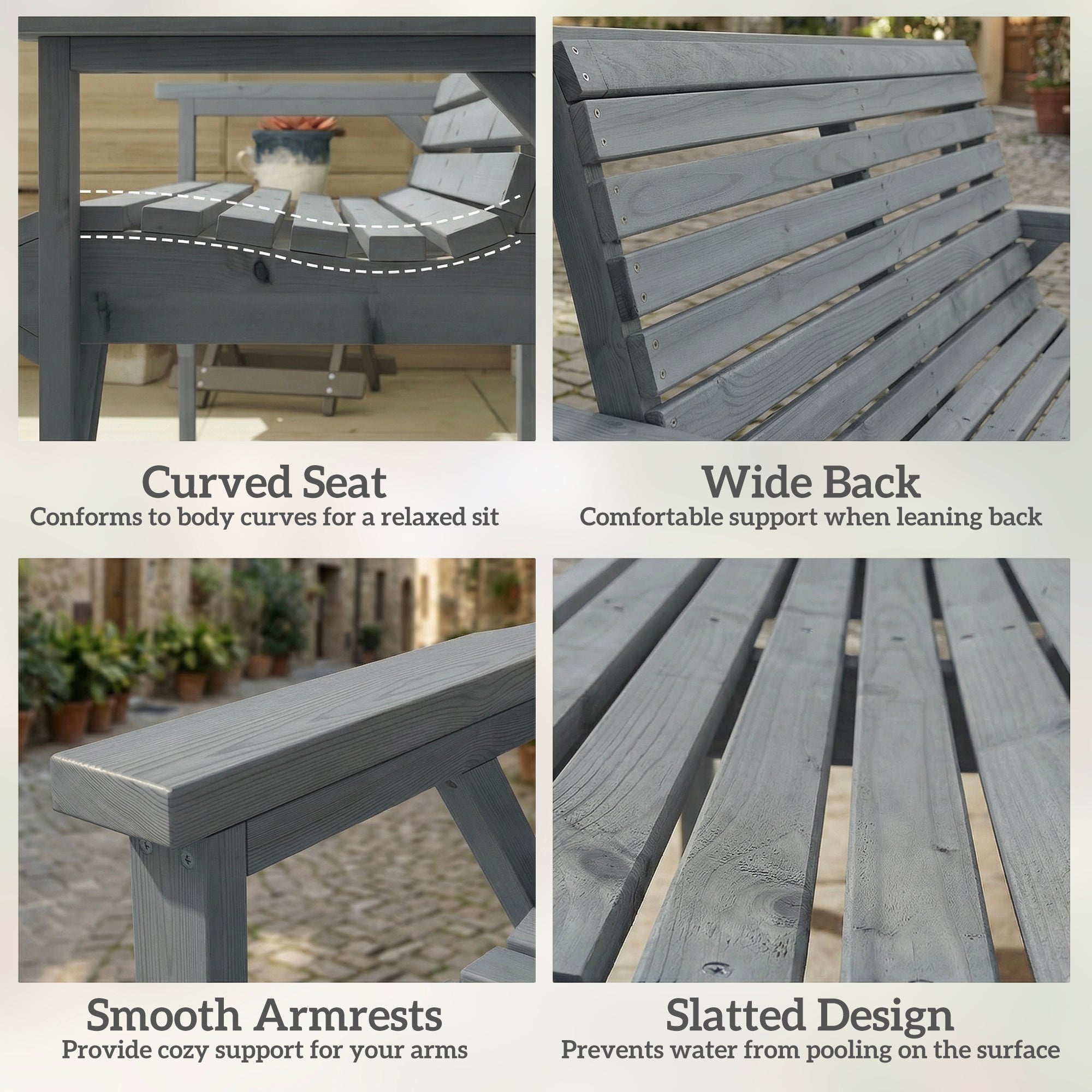 2 Seater Wooden Garden Bench, Slatted Patio Bench with Armrest and Backrest, Outdoor Furniture for Indoor, Balcony