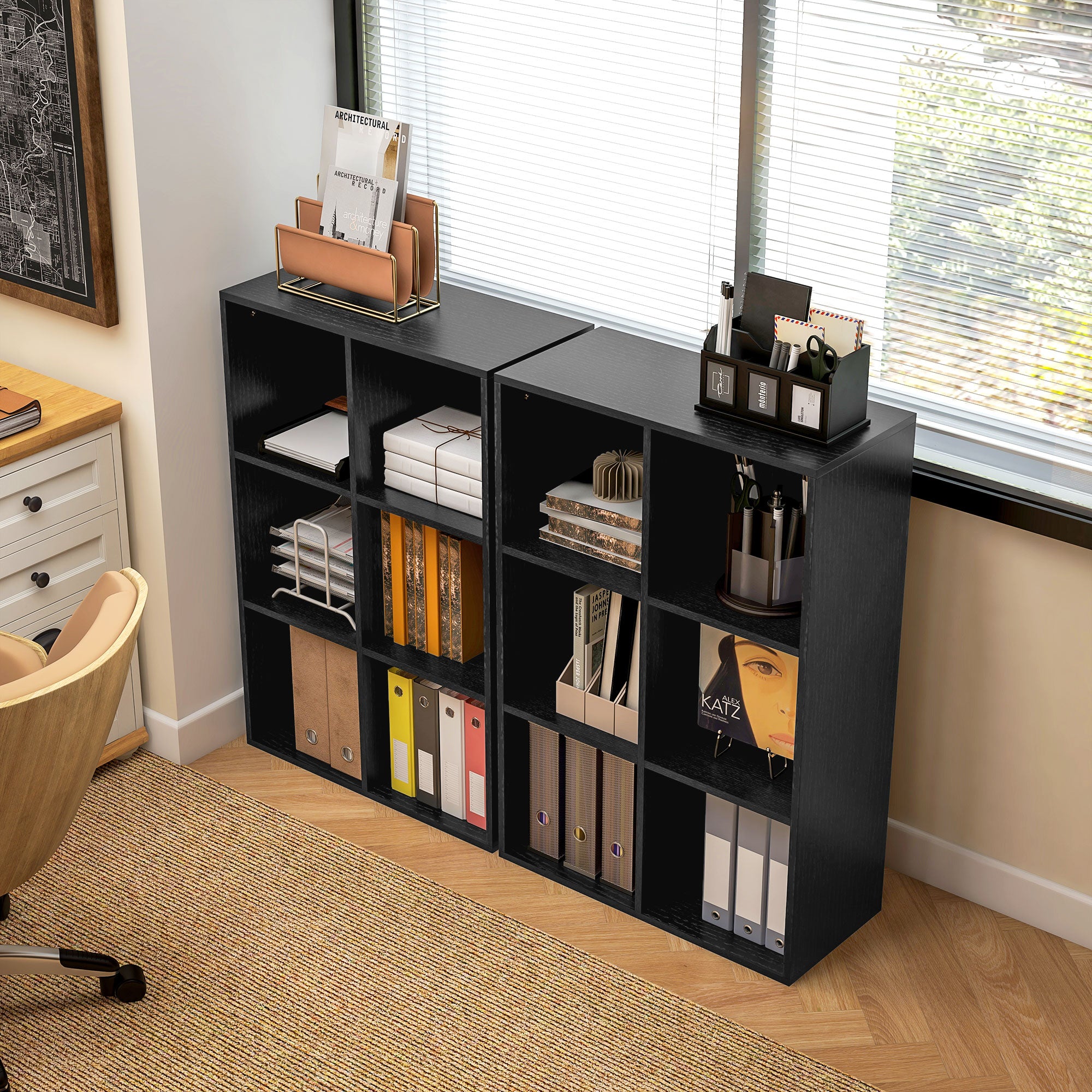 Six-Cube Bookcase Storage Unit with Black Wood Effect Finish - Black