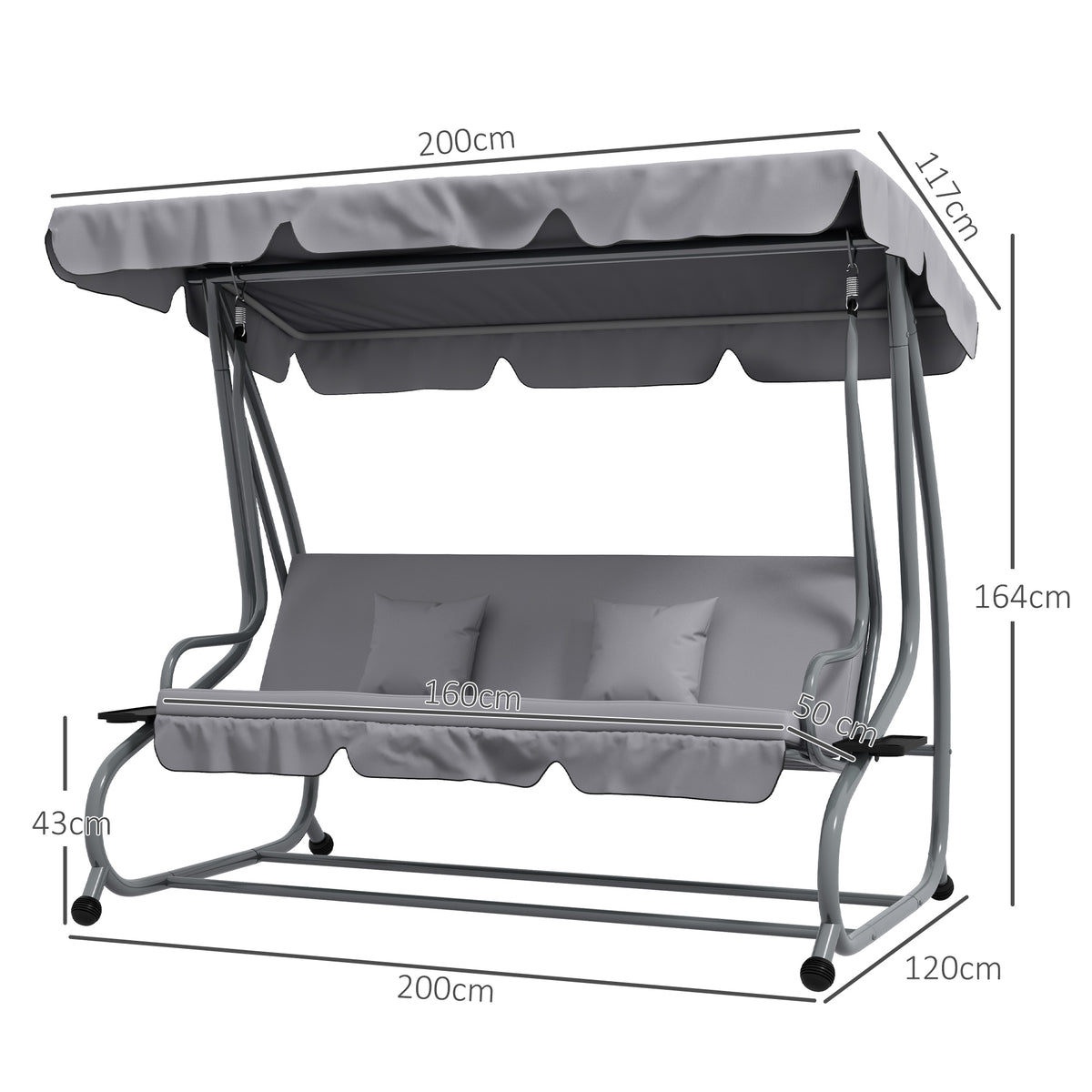 Three-Person Garden Swing Chair with Adjustable Canopy - Light Grey