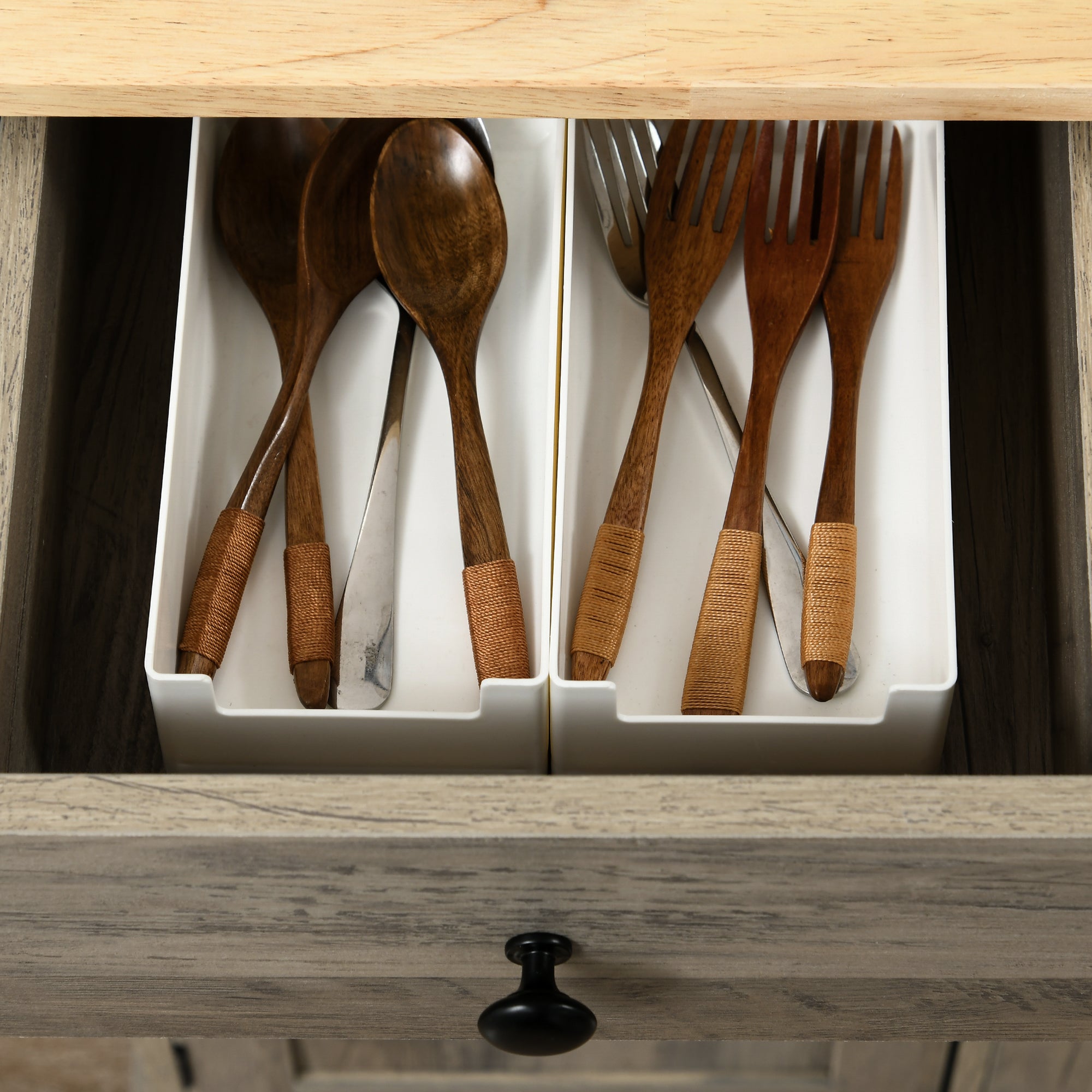 Modern Sideboard with Rubberwood Top, Buffet Cabinet with Storage Cabinets, Drawers and Adjustable Shelves for Dining Room, Kitchen, Grey Wood-Effect