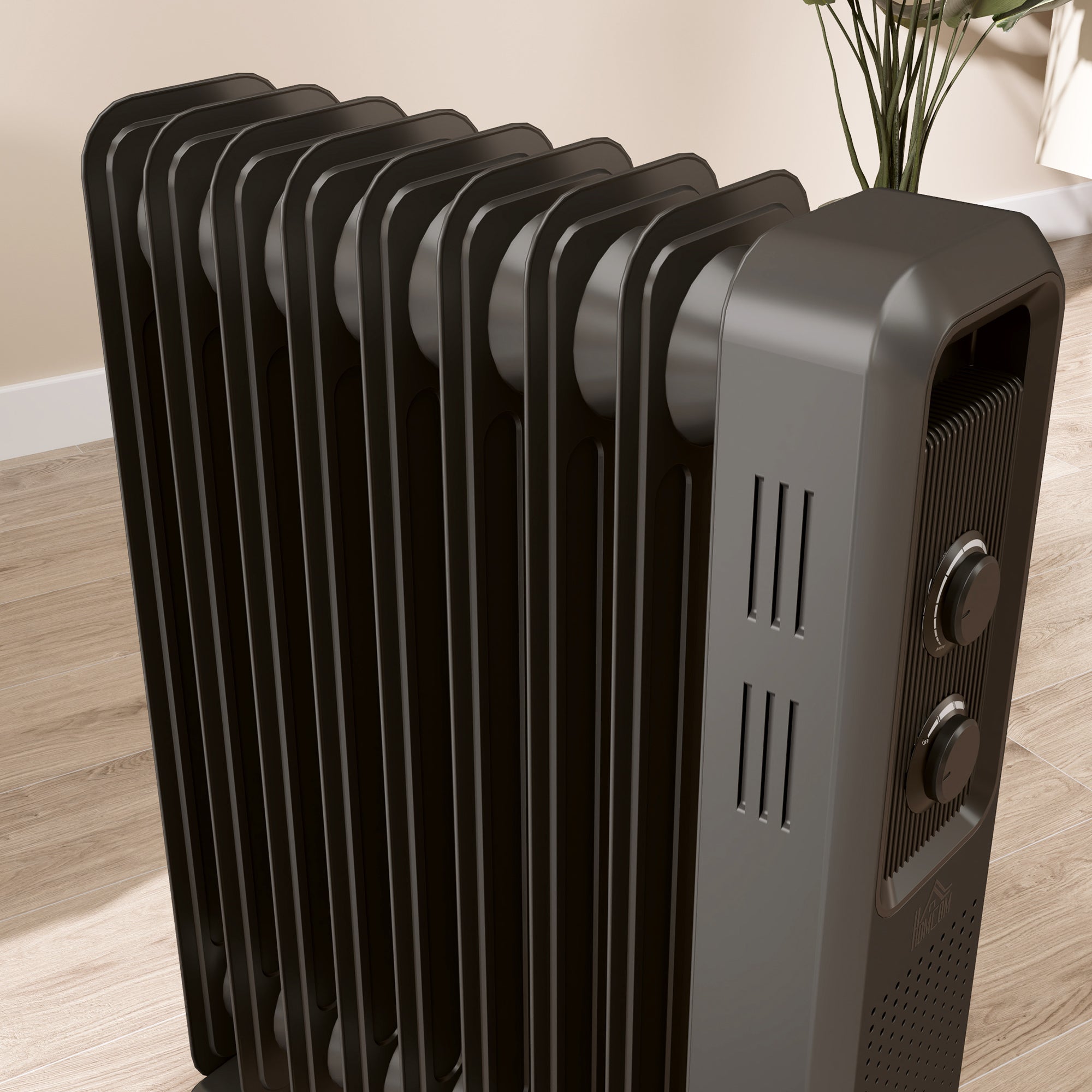 2000W Oil Filled Radiator, 9 Fin, Portable Electric Heater with 3 Heat Settings, Safety Cut-Off and Wheels, Grey