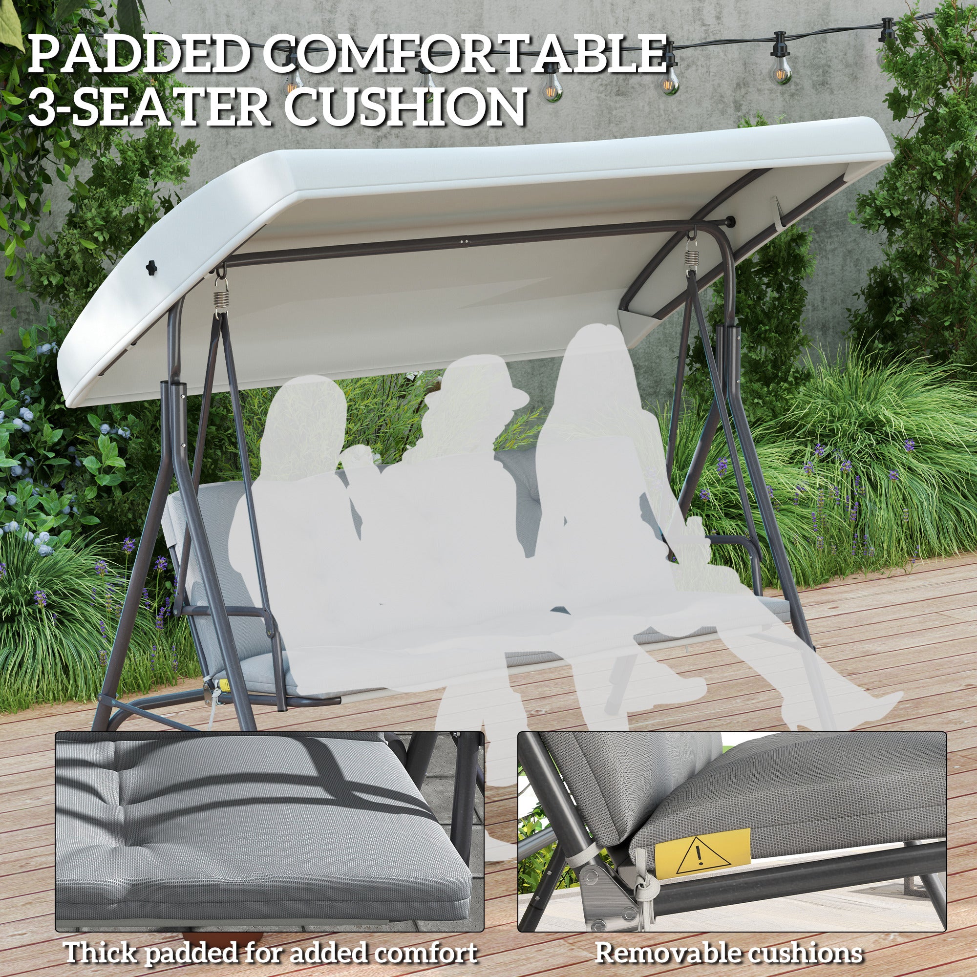 Three-Seater Garden Swing Seat with Canopy - Light Grey