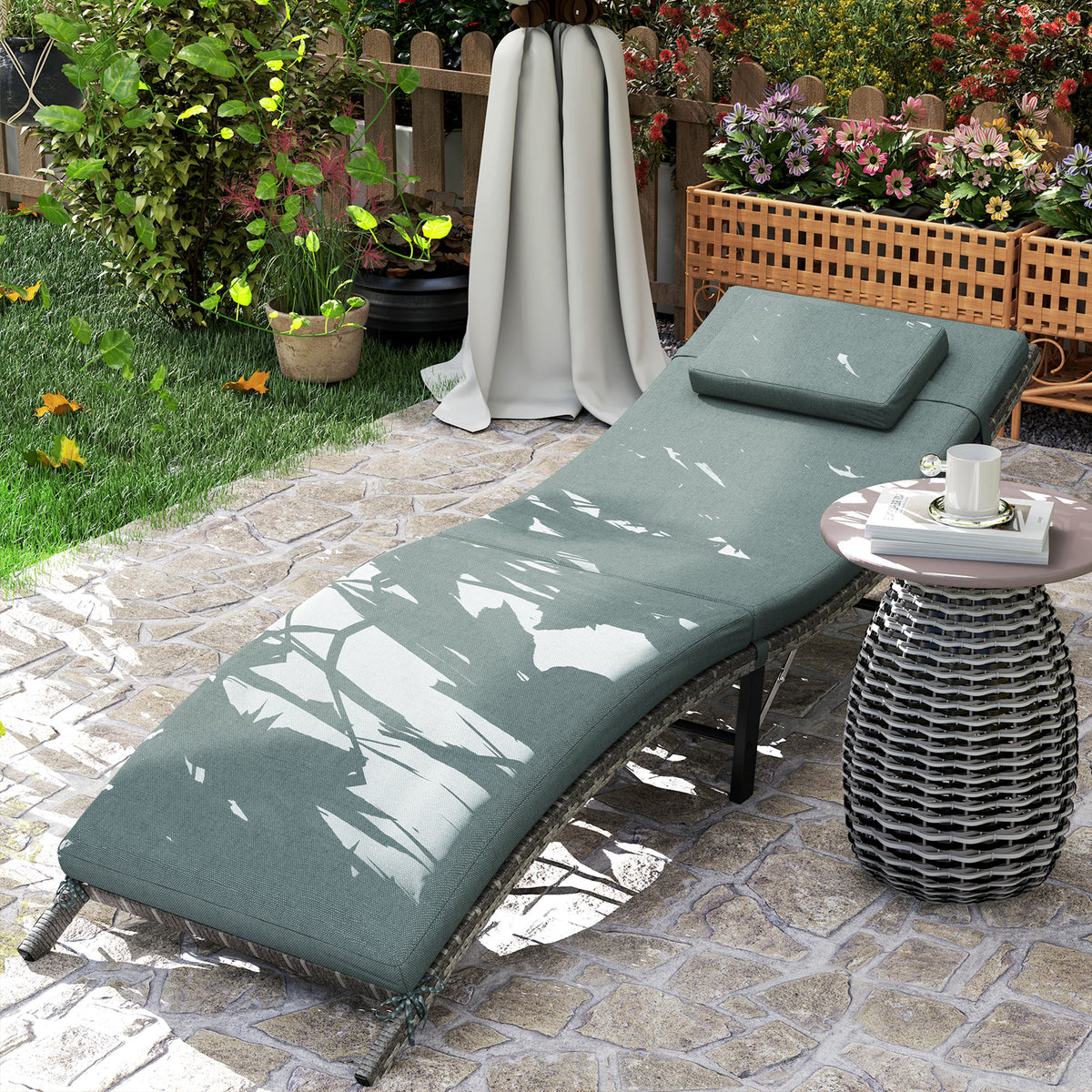 Rattan Folding Sun Lounger with Cushion and Pillow - Mixed Grey
