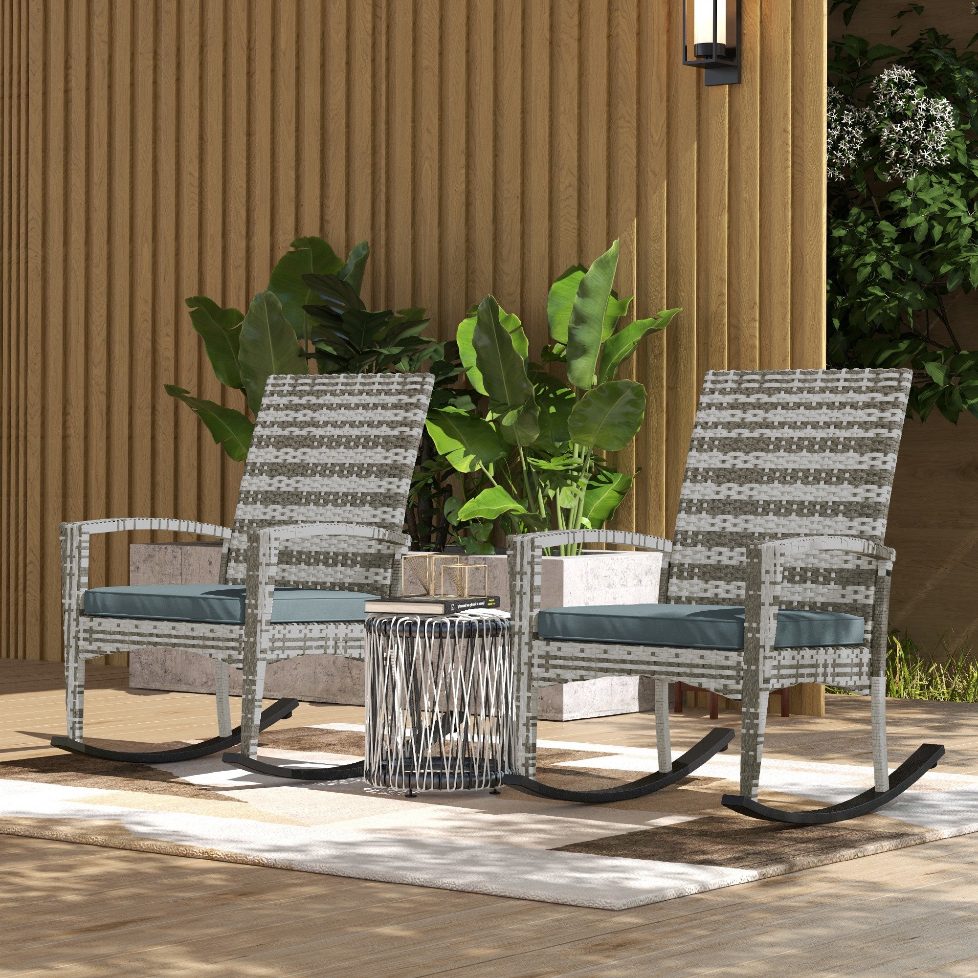 Outdoor PE Rattan Rocking Chair Set of 2, Garden Rocking Chair Set with Armrest and Cushion, Light Grey