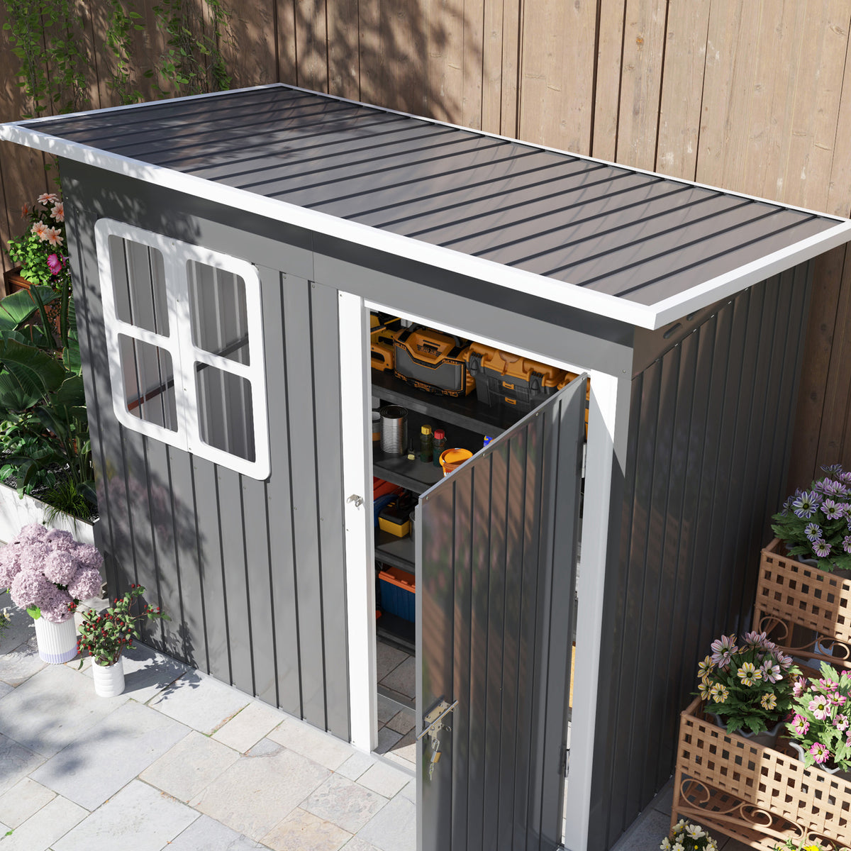 7 x 4ft Galvanised Steel Garden Shed with Lock, Gloves & Foundation Kit - Grey