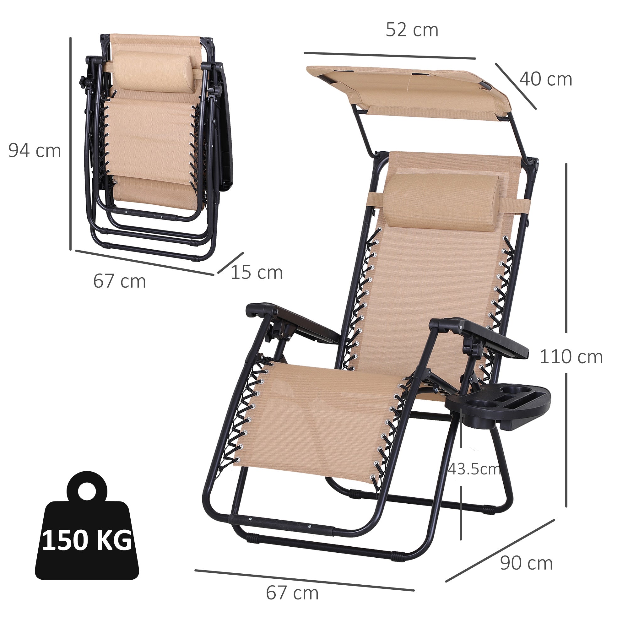 2 Piece Foldable Reclining Garden Chair with Headrest, Zero Gravity Deck Sun Lounger Seat Chair with Footrest, Armrest, Cup Holder & Canopy Shade, Beige