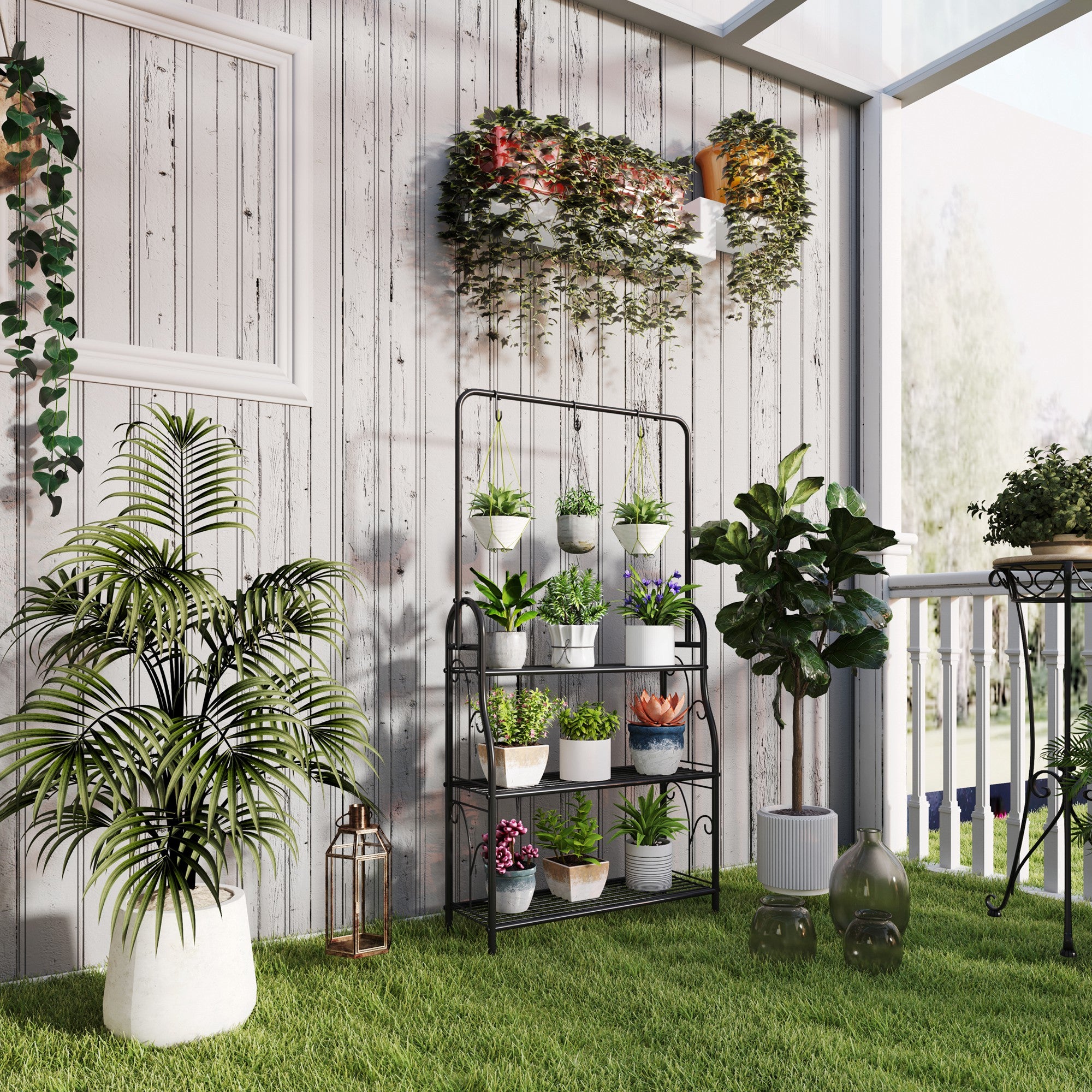 3 Tier Plant Stand with Hanging Rod and Hooks, Metal Plant Rack Shelf, Ladder Flower Pot for Indoor Outdoor Porch Balcony Living Room Bedroom, Black