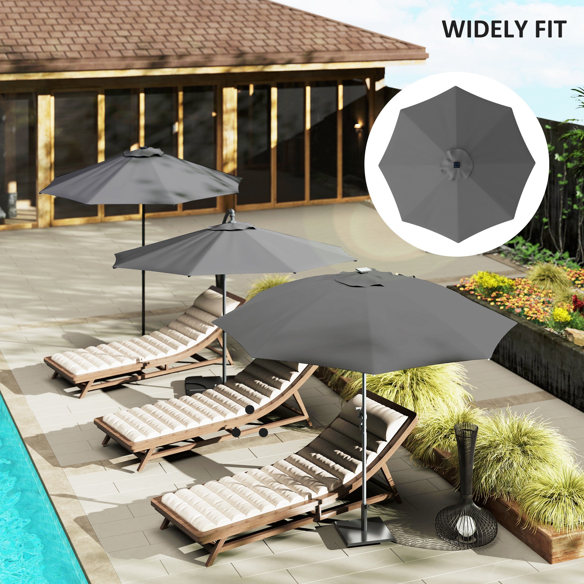 3m UPF 50+ Replacement Parasol Canopy with Vent, Fits 8 Rib Frames up to 300cm - Grey