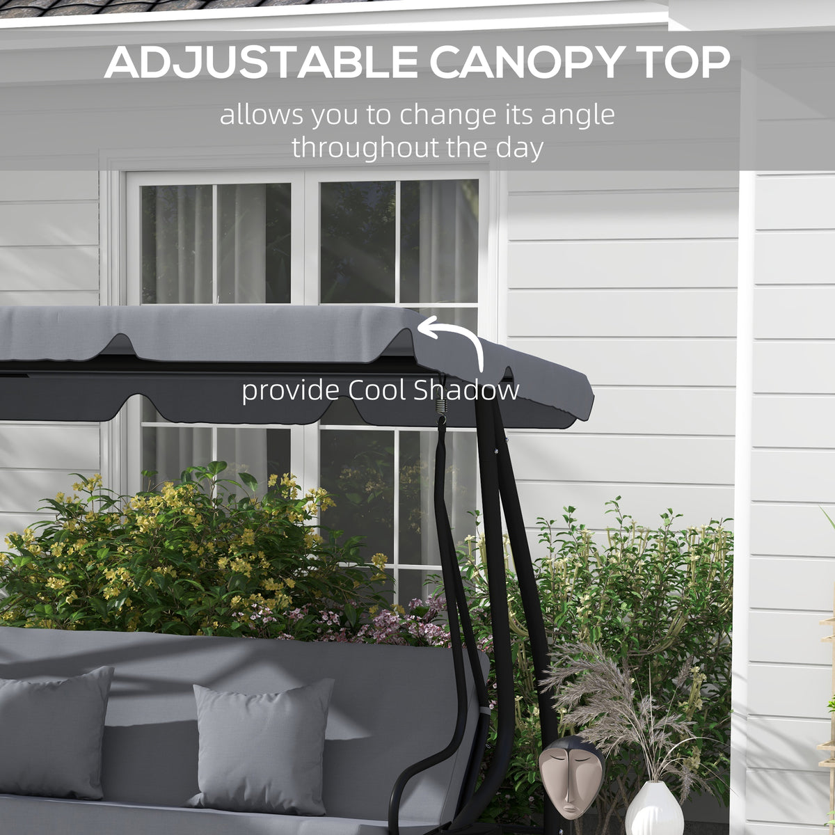 Three-Person garden Swing Chair, with Adjustable Canopy - Dark Grey