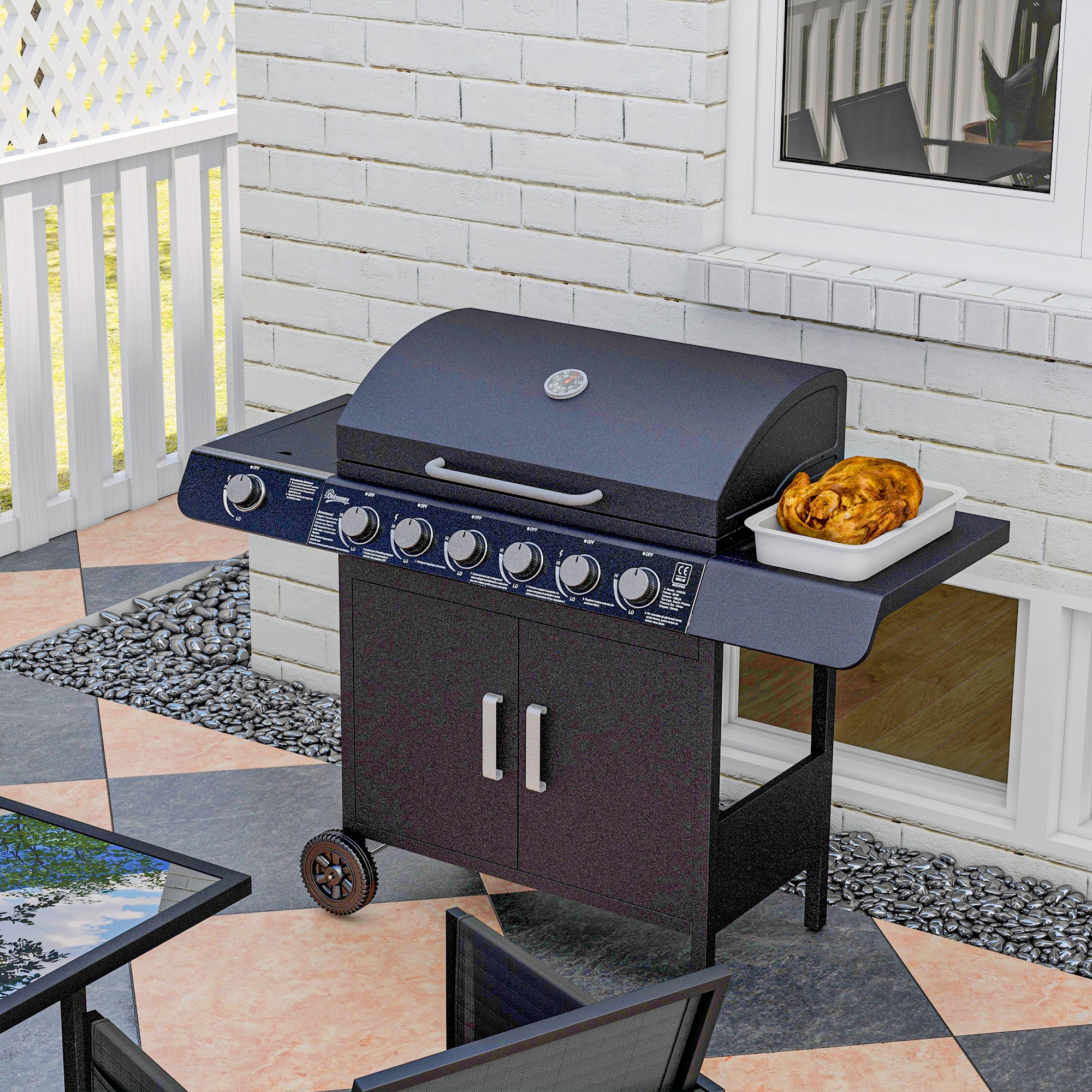 Seven Burner Gas Grill, with Integrated Thermometer and Storage