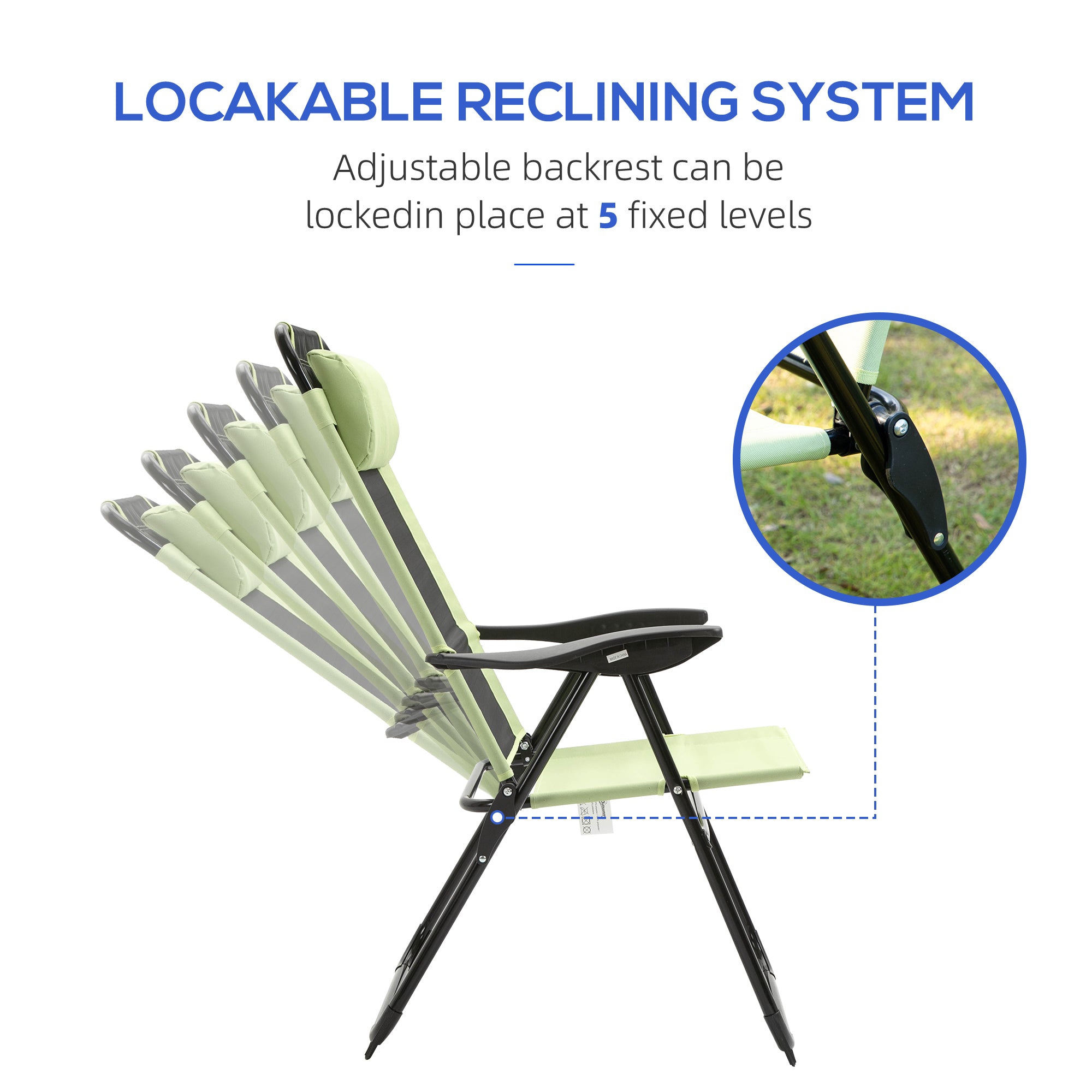 Folding Garden Chairs Set of 2, 5-Position Recliner Camping Chair with High Back, All Weather Texteline Seat, Portable Outdoor Dining Chairs with Headrests for Patio, Picnic, Green