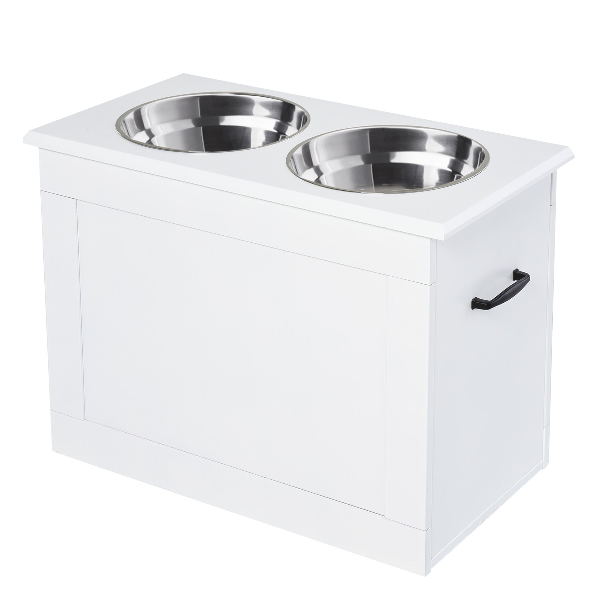 Raised Dog Bowls, with Storage, Two Stainless Steel Bowls, Elevated Base - White