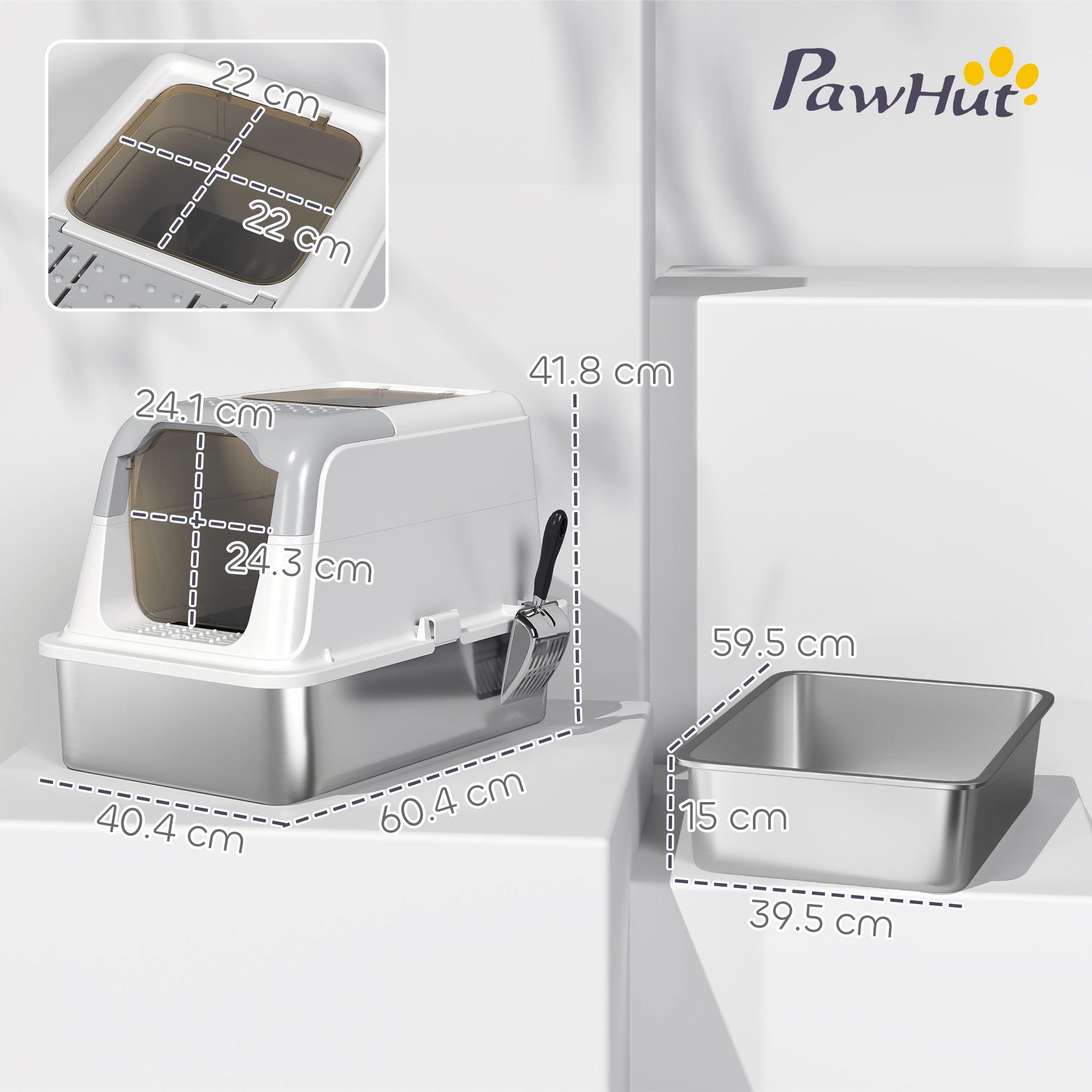 Extra Large Stainless Steel Litter Box, Enclosed Cat Litter Tray with Scoop, Deodorizer Bag, Front-Entry and Top-Exit
